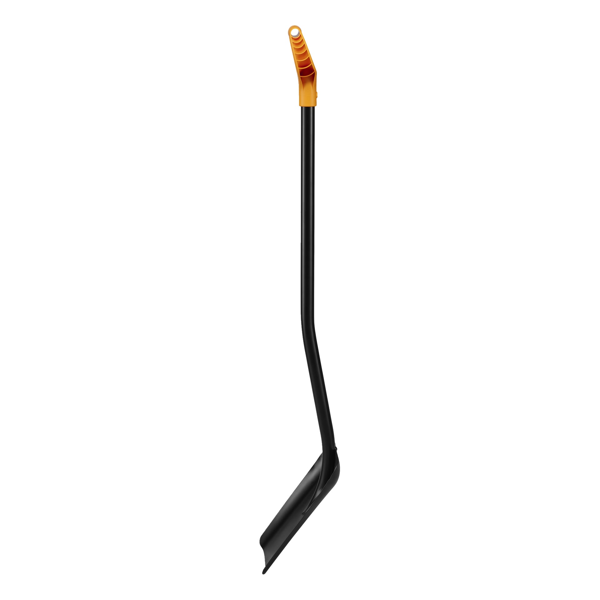 En svart Fiskars-spade med skrå håndtak, oransje grep og et smalt, buet blad for kanting eller kutting av jord.