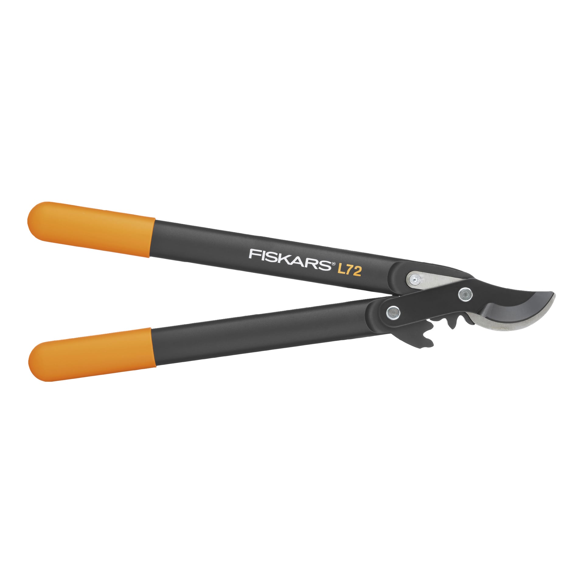 Nożyczki do cięcia Fiskars PowerGear L72 S z czarnymi rękojeściami, jaskrawo pomarańczowymi chwytami, srebrnym ostrzem oraz odsłoniętym zębatem przy ostrzu.