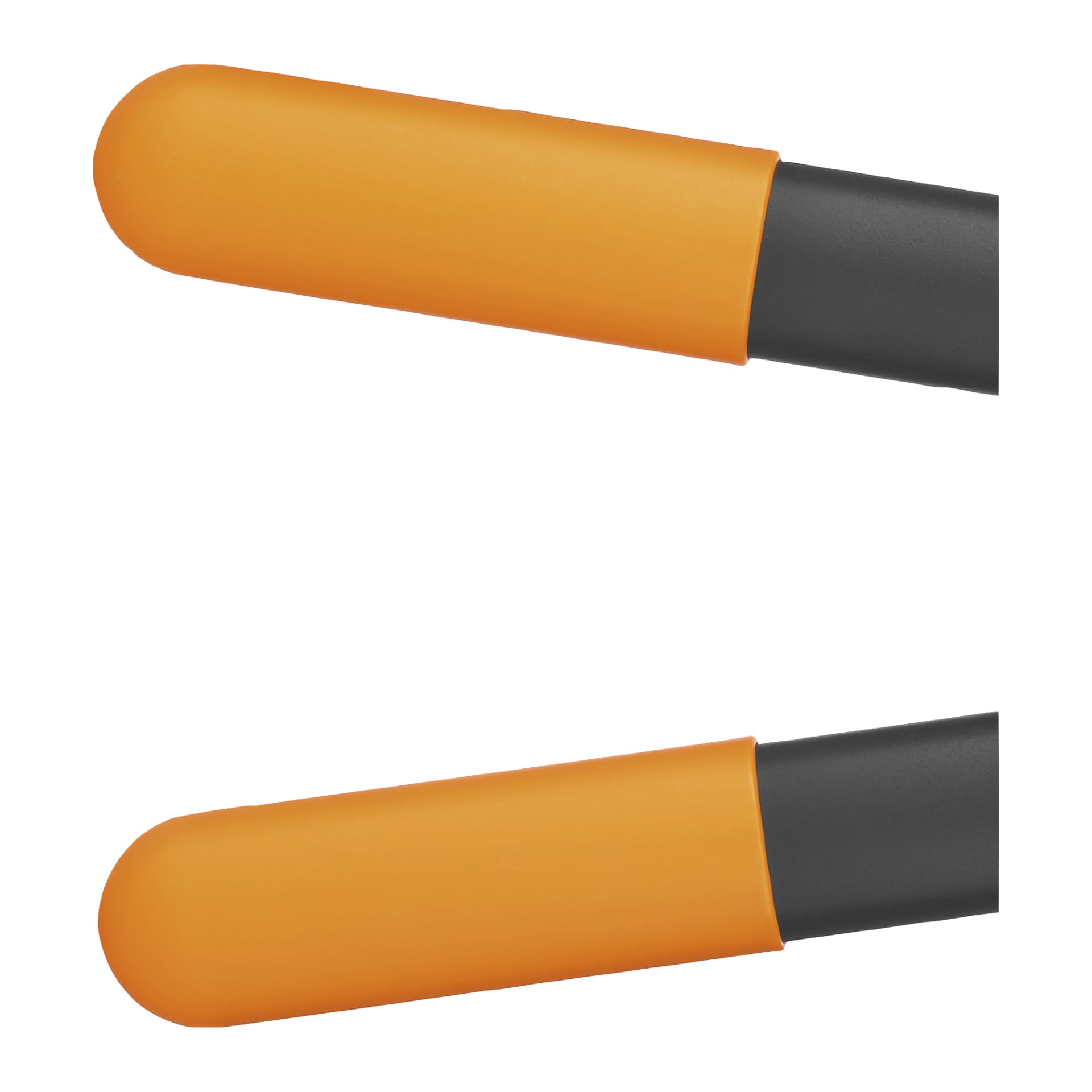 Zbliżenie dwóch nożyc do cięcia Fiskars PowerGear L72 S z zaokrąglonymi pomarańczowymi gumowymi chwytami i czarnymi uchwytami, ustawionych równolegle.
