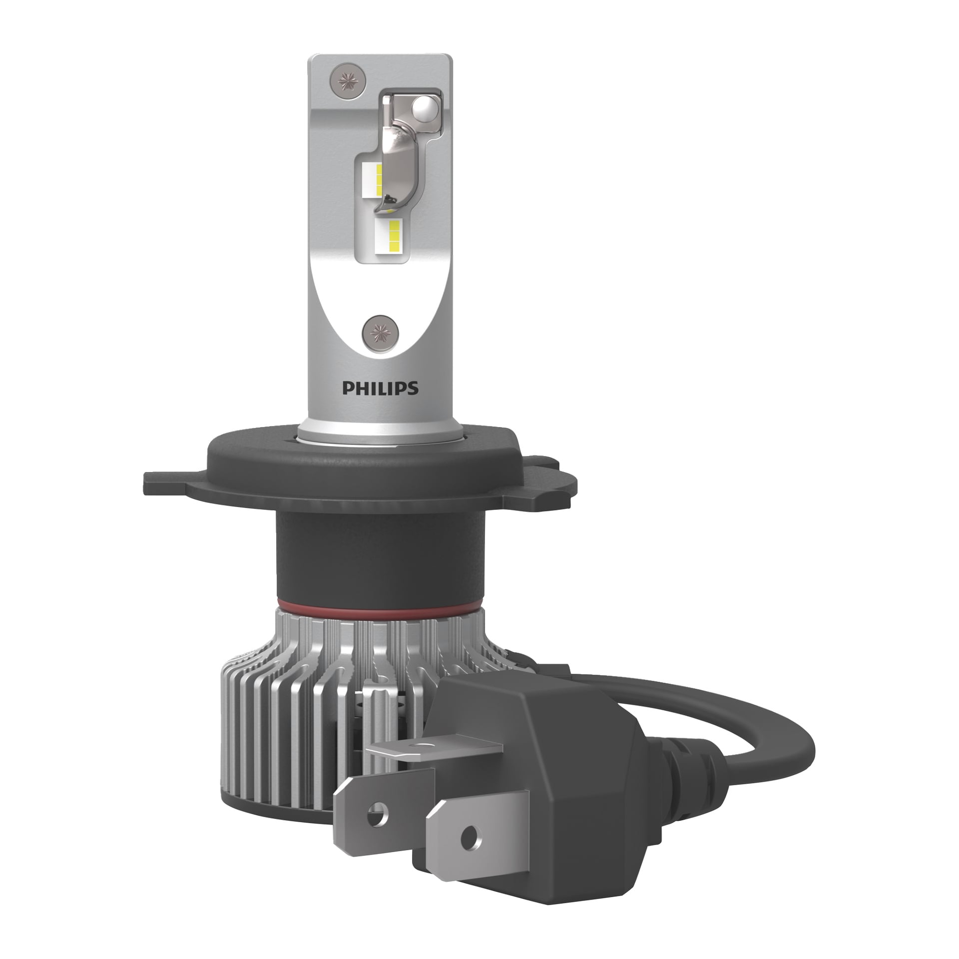 Philips Ultinon Pro6000 Standard LED-strålkastare för bilar, paket om 2, har metallkylflänsar, synliga LED-lampor och tvåpoliga sladdar.