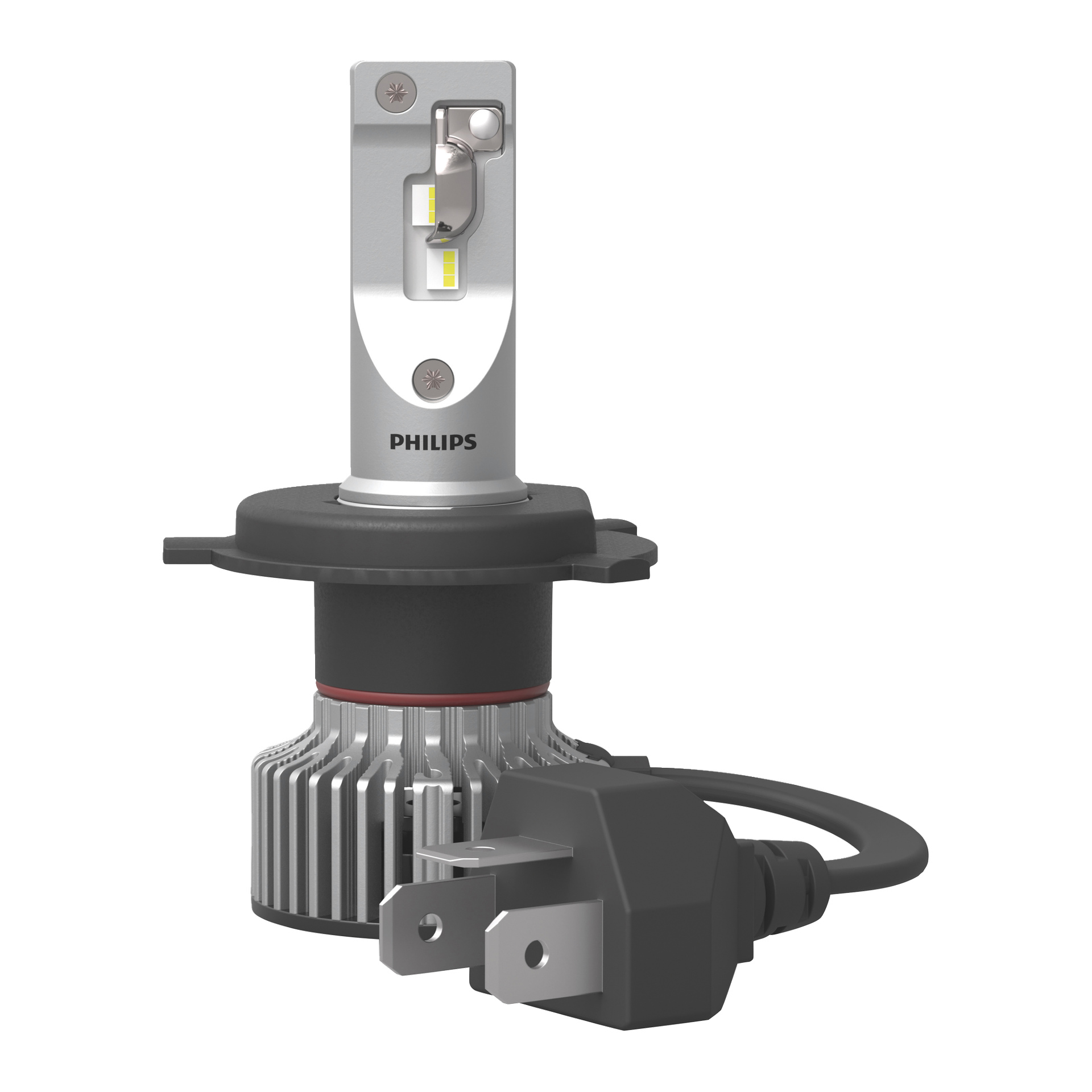 Philips Ultinon Pro6000 Standard LED-frontlyktpærer, pakke med 2, har metallkjølereibber, synlige LED-lys og to-pinners ledninger.