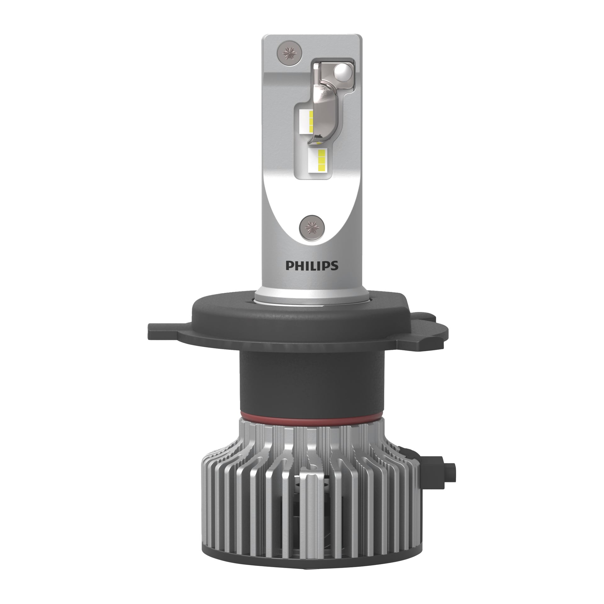Philips Ultinon Pro6000 LED-frontlyktpærer (2-pakning) med metallisk karosseri, gule LED-brikker, svart ring og sølvfarget kjøleribbe.