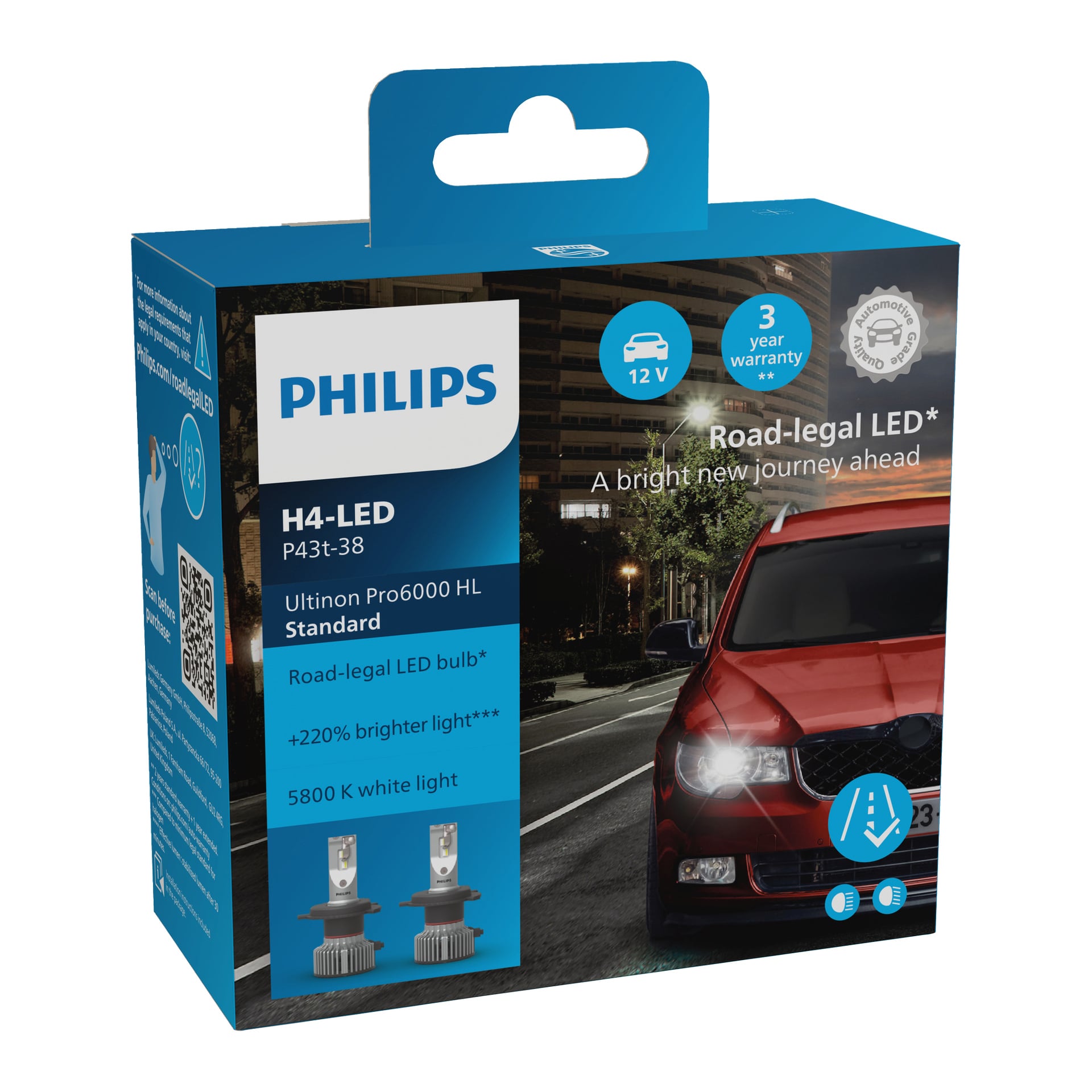 Blå og svart Philips Ultinon Pro6000 LED frontlyktpæreboks (2-pakning), med rød bil, 12V, 3 års garanti, veilegale ikoner.