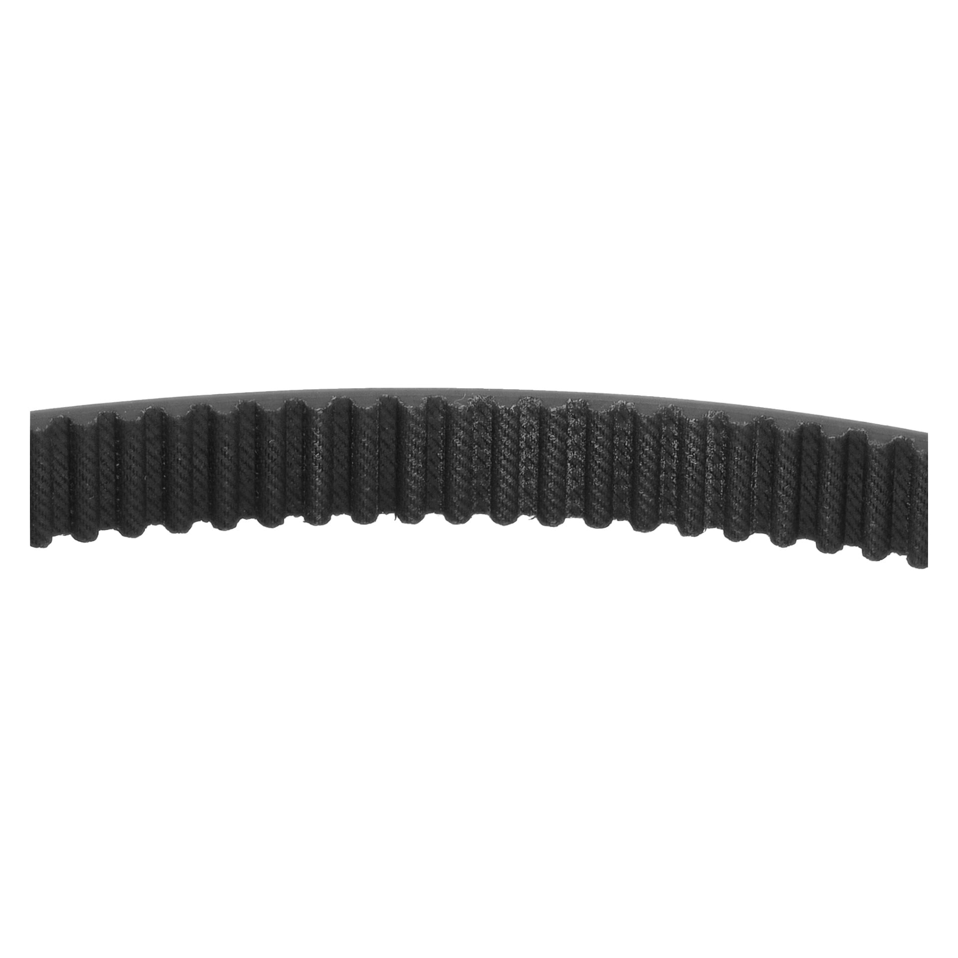 Nærbilde av drivreimen HTD750-5M, et svart ribbet gummibelte med interne fiberledninger og en teksturert underside, buet kant synlig.
