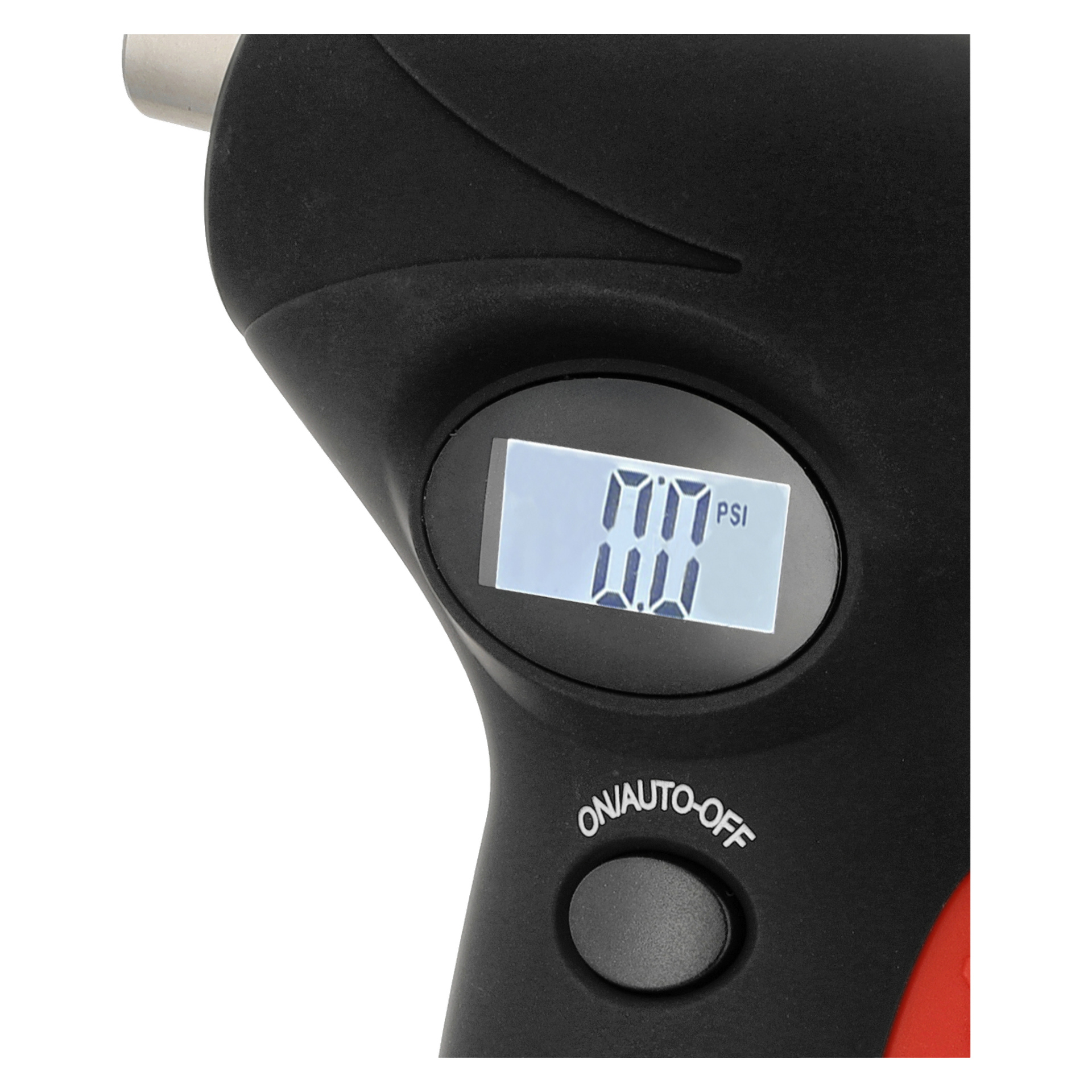 Hamron 5-i-1 nödhammar-närbild, dess digitala skärm visar 0,0 PSI på svart hölje, PÅ/AUTO-AV-knappen precis nedanför.