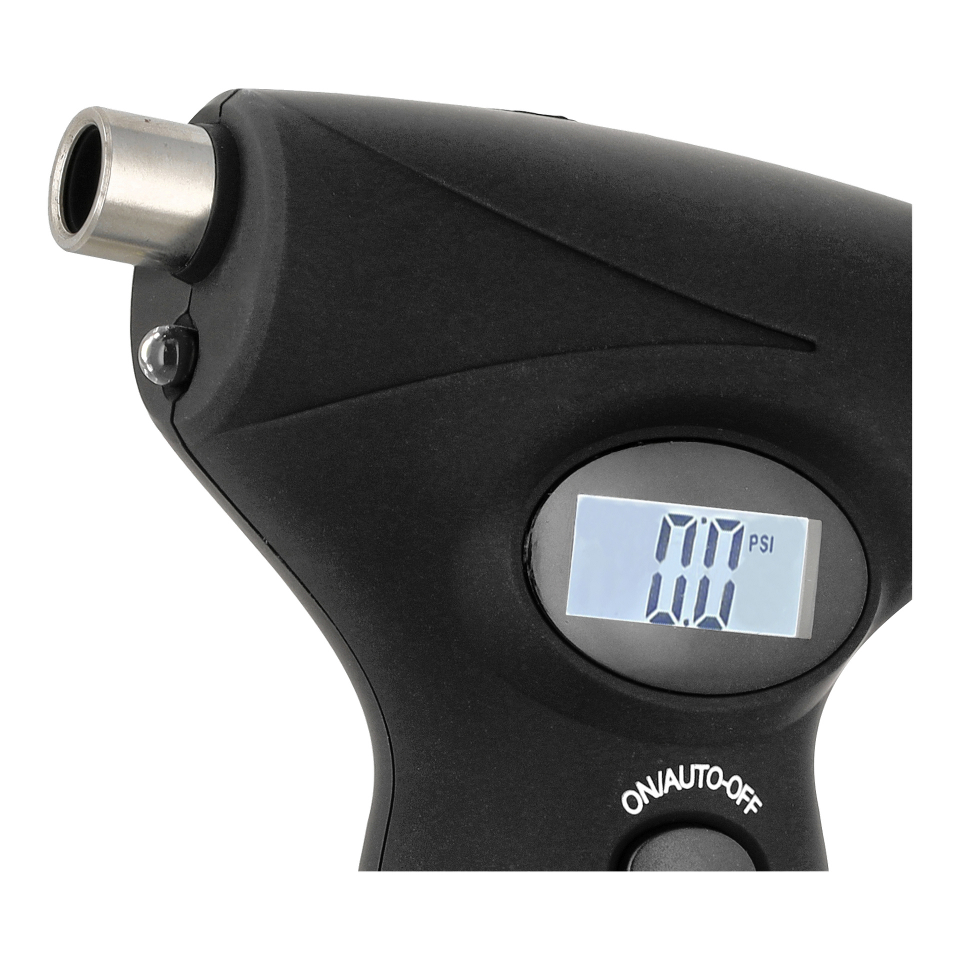 Hamron 5-i-1 nödhammares digitala mätare visar 0,0 PSI, med en PÅ/AUTO-AV-knapp precis under skärmen.