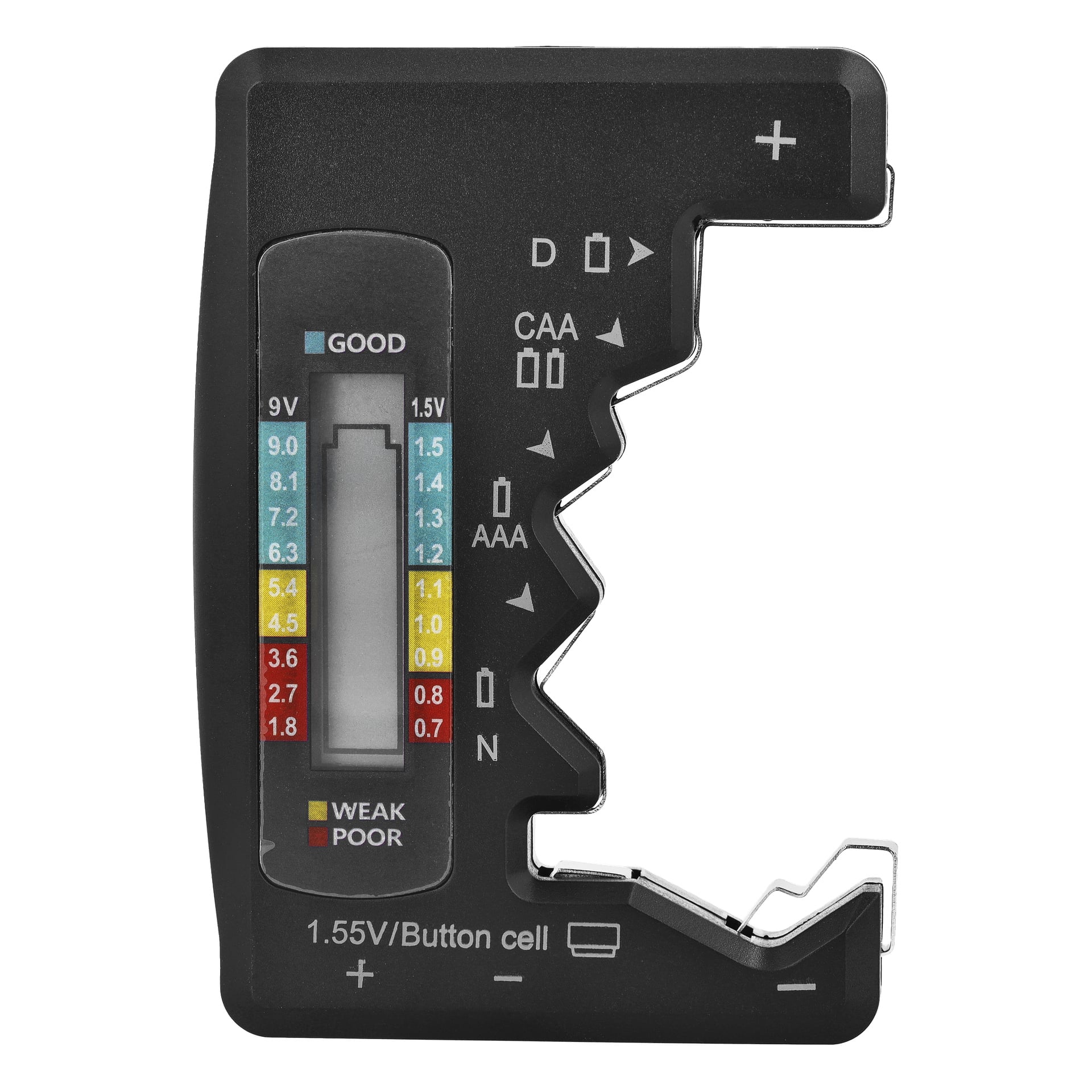 Anslut Battery Tester i svart har batteristorlekar till höger, en färgmätare till vänster och noterar användning med 1,5V och 9V batterier.