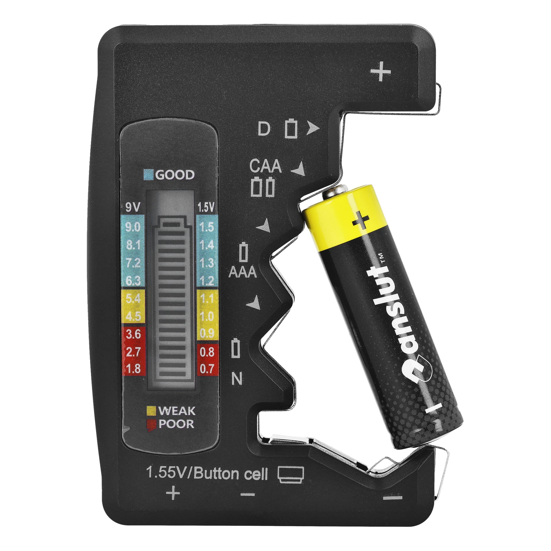 Anslut Battery Tester för AA-batterier visar spänning på en färgkodad mätare (bra, svag, dålig) med platser för flera storlekar.