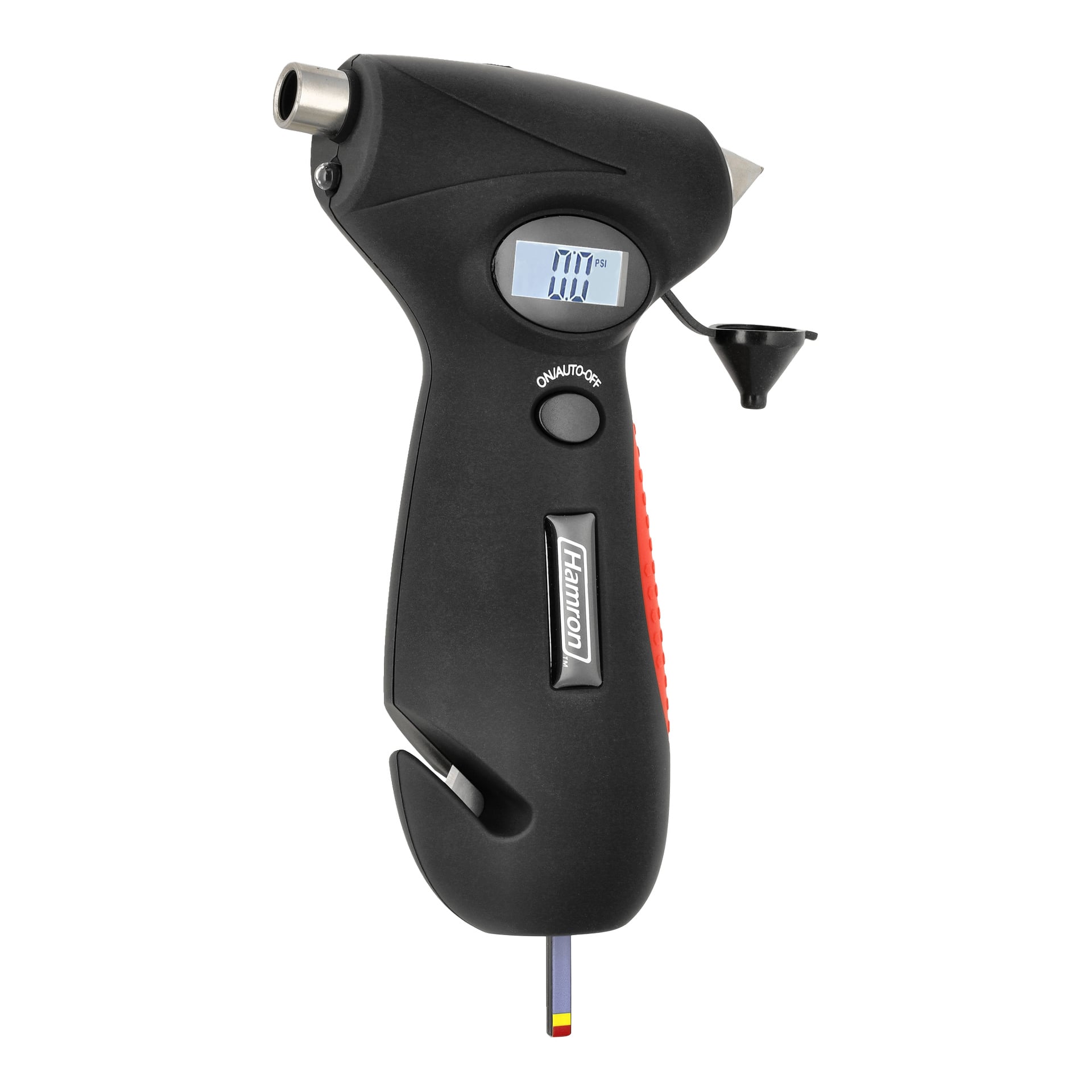 En svart Hamron 5-i-1 nödhammare med digital däckmätare som visar 0,0 PSI, silverfärgad munstycke, strömbrytare, nyckel och logotyp på handtaget.