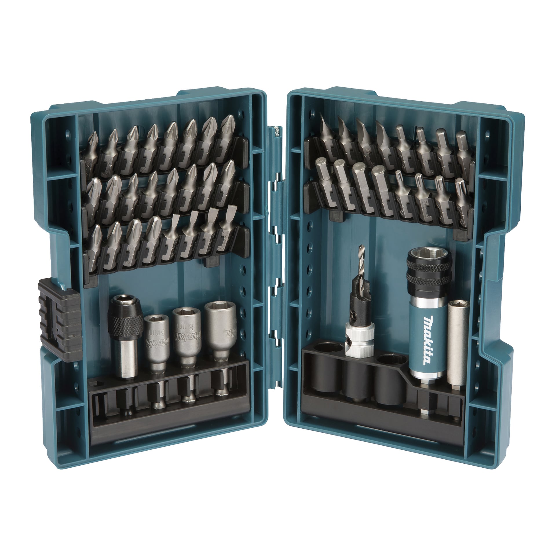 Makita D-73461: Turkusowa obudowa otwarta, pokazująca różne wiertła do śrubokrętów, nasadki, wiertła oraz magnetyczny uchwyt na wiertło wewnątrz.