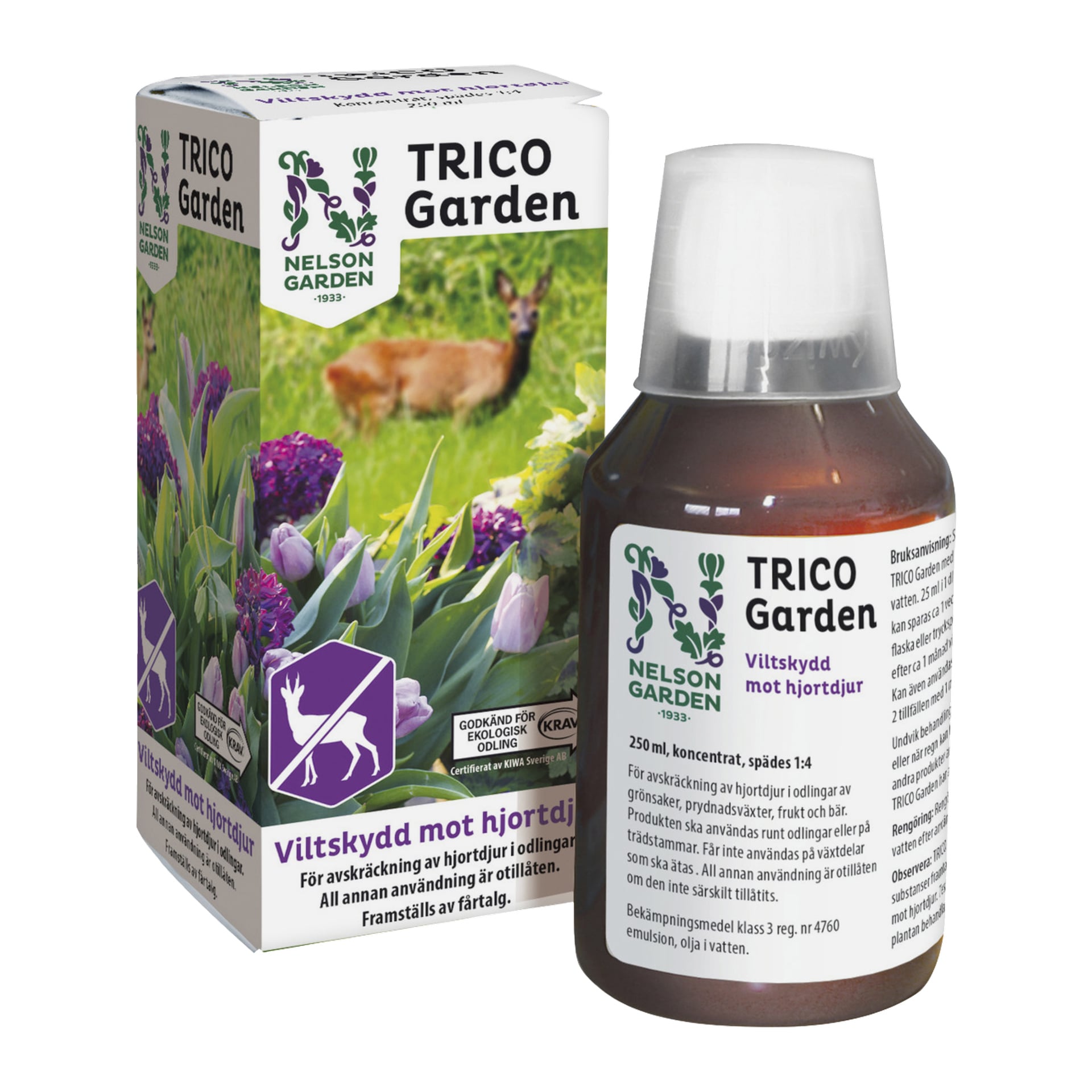 Nelson Gardens Trico Garden-flaska och låda visas; Förpackningen visar en hjort, blommor, varumärke och produktinformation.