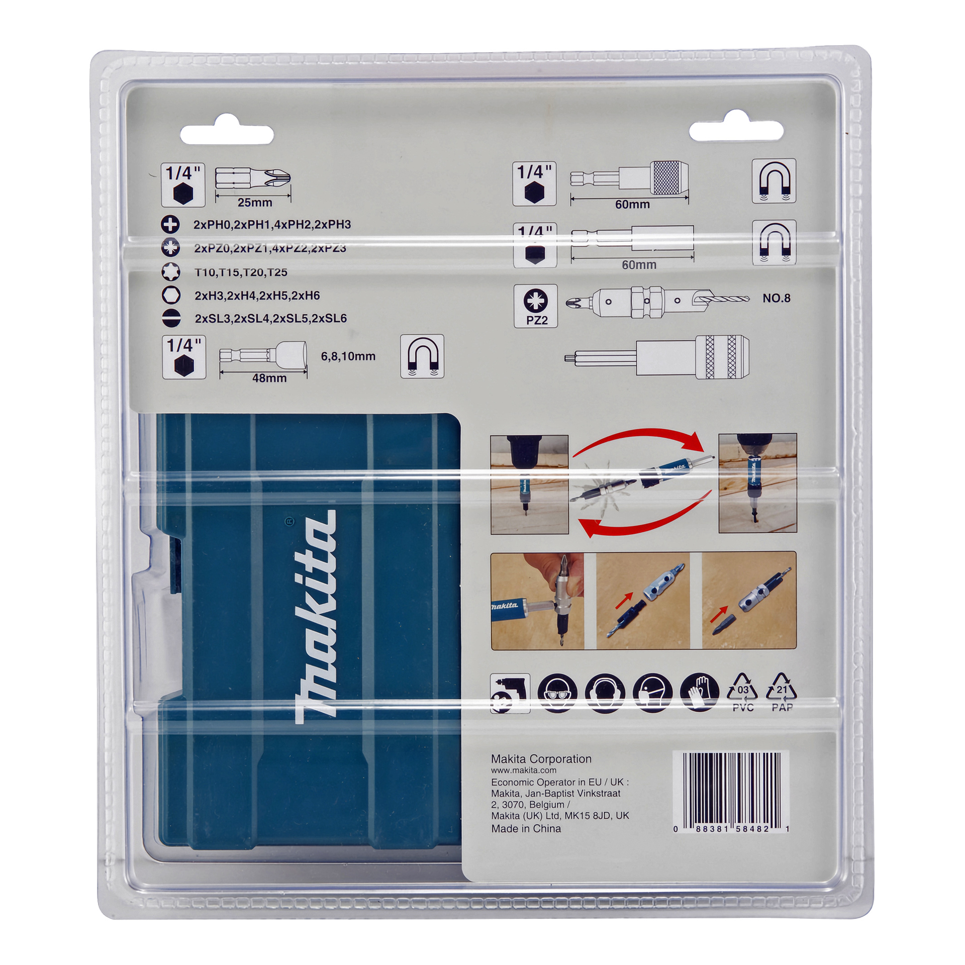 Tył obudowy Makita D-73461 wyświetla specyfikacje, diagramy użycia bitów, dołączone rozmiary/typy, ikony bezpieczeństwa, dane firmy oraz niebieską obudowę.