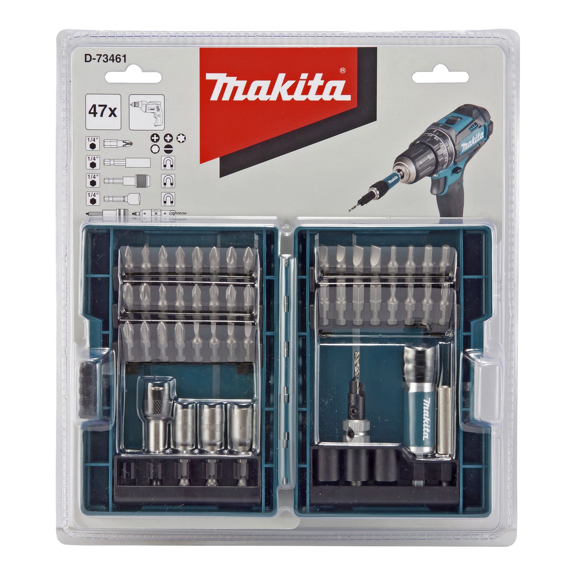 Makita D-73461 zestaw wiertła i śrubokręta z 47 elementami w plastikowej obudowie, z frezami i nasadkami podzielonymi na dwie sekcje.
