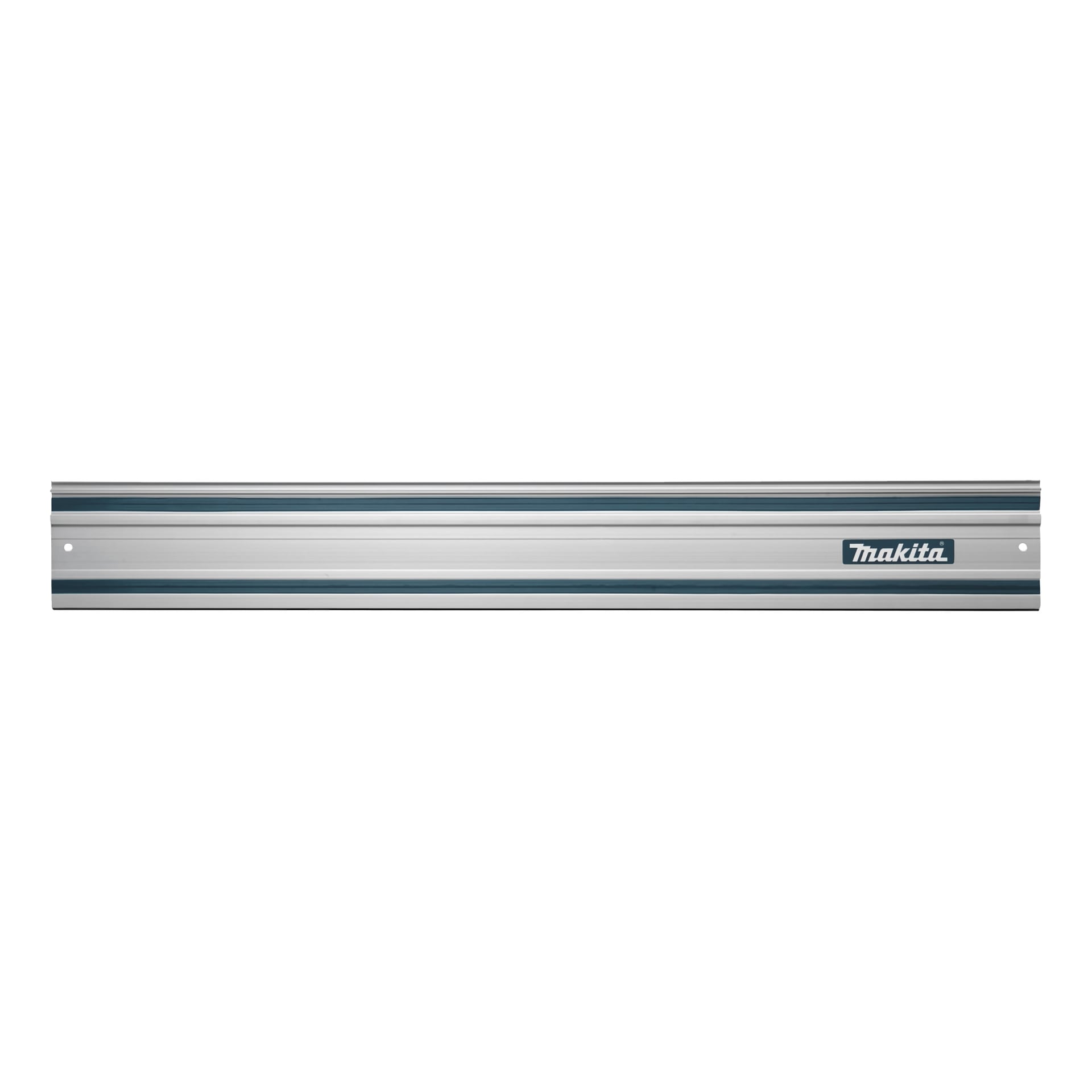 Prosta aluminiowa prowadnica Makita 199141-8 ma dwa rowki i wyświetla logo Makita po prawej stronie, z przodu.