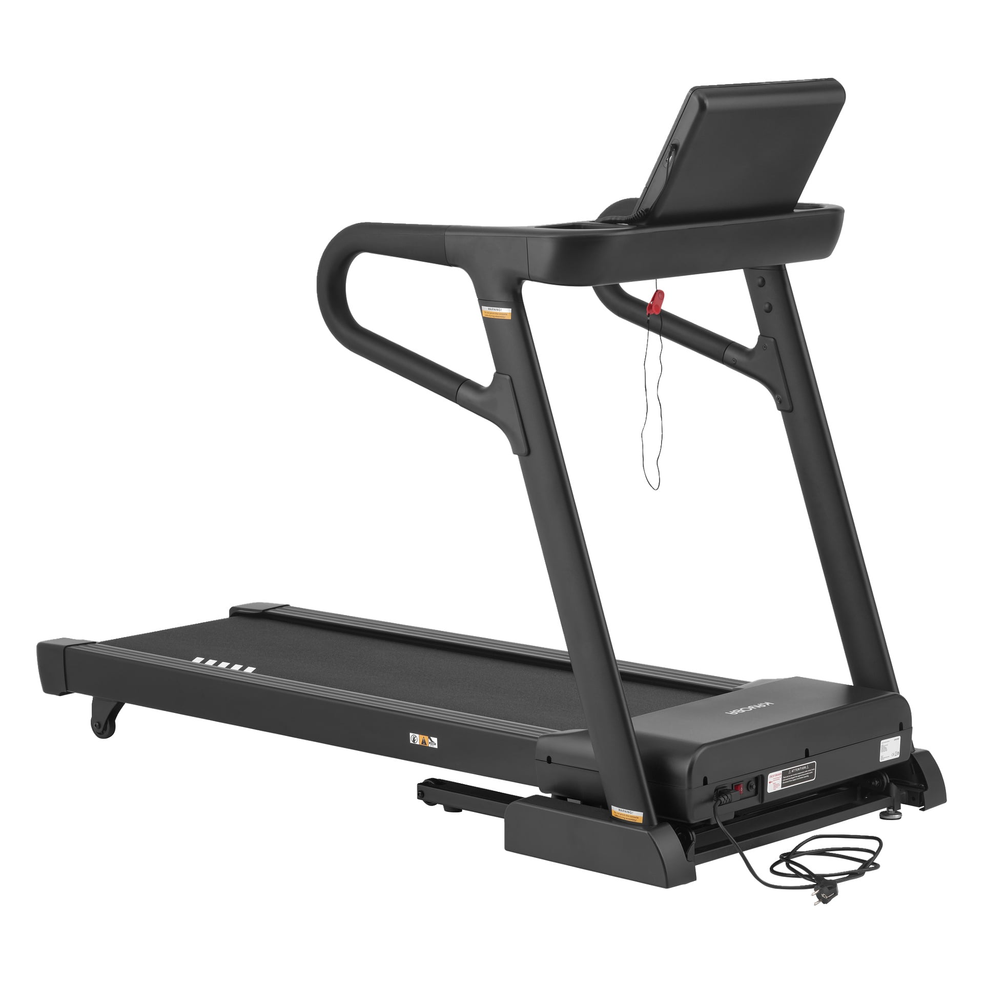 Kayoba Treadmill med lutning är svart, med en konsolskärm, ledstänger, säkerhetsnyckel på en sladd och bakre strömkabel.
