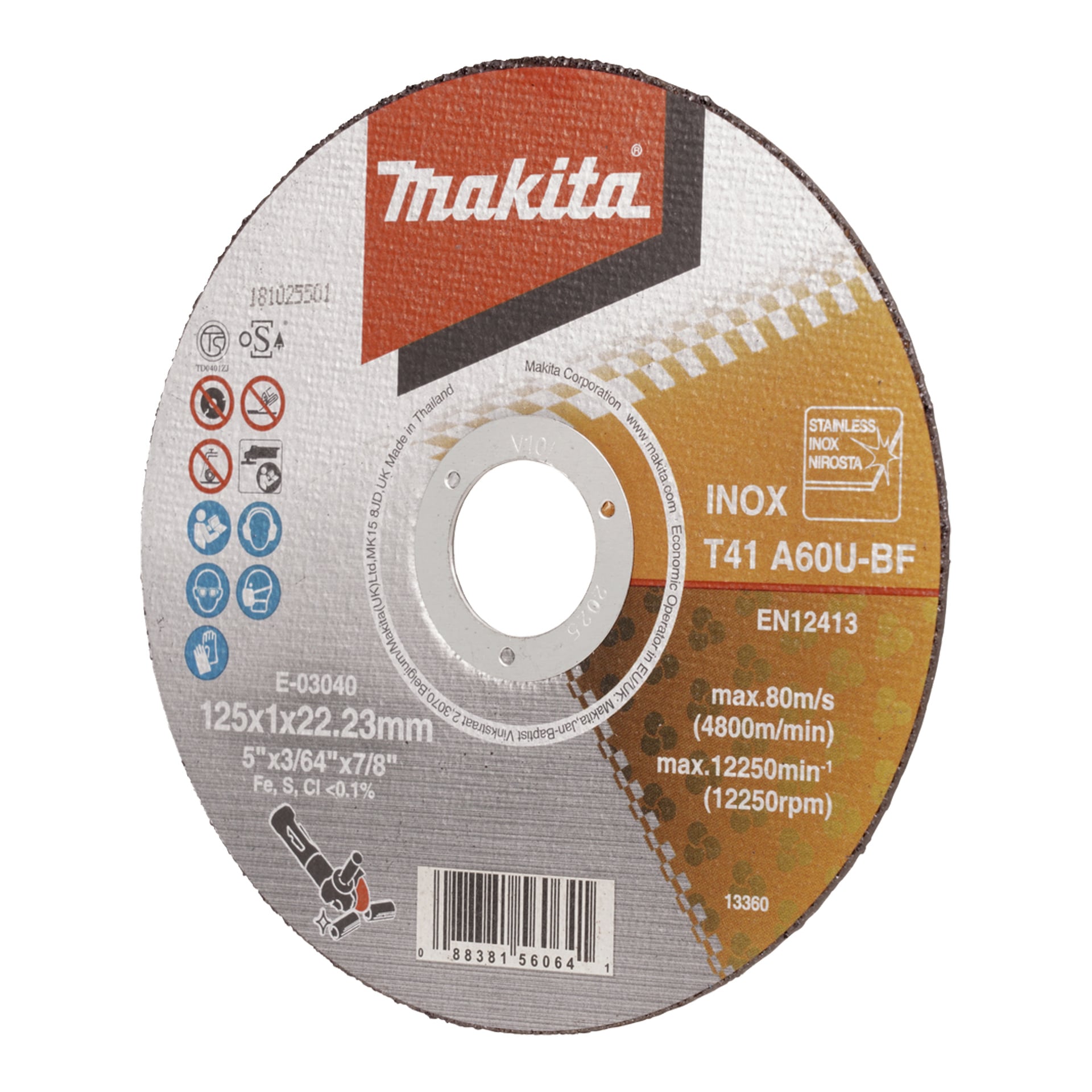 Dysk Makita E-03040 pokazuje specyfikacje takie jak 125x1x22,23mm, maksymalnie 80m/s lub 12 250 RPM oraz ikony bezpieczeństwa/certyfikacji.
