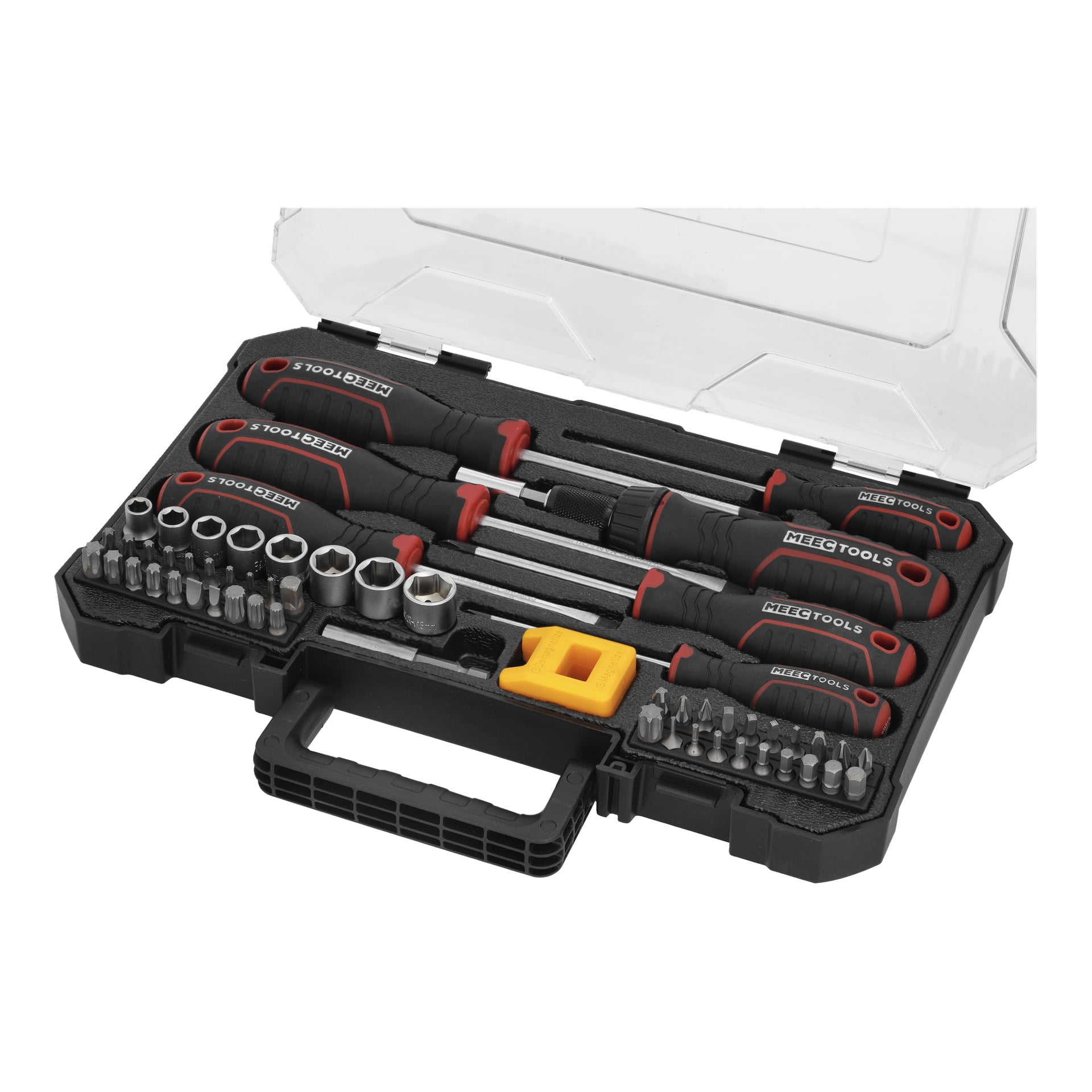 Ett svart plastfodral rymmer 57 handverktyg – skruvmejslar, hylsnycklar, bits och en gul adapter – märkta Meec Tools.