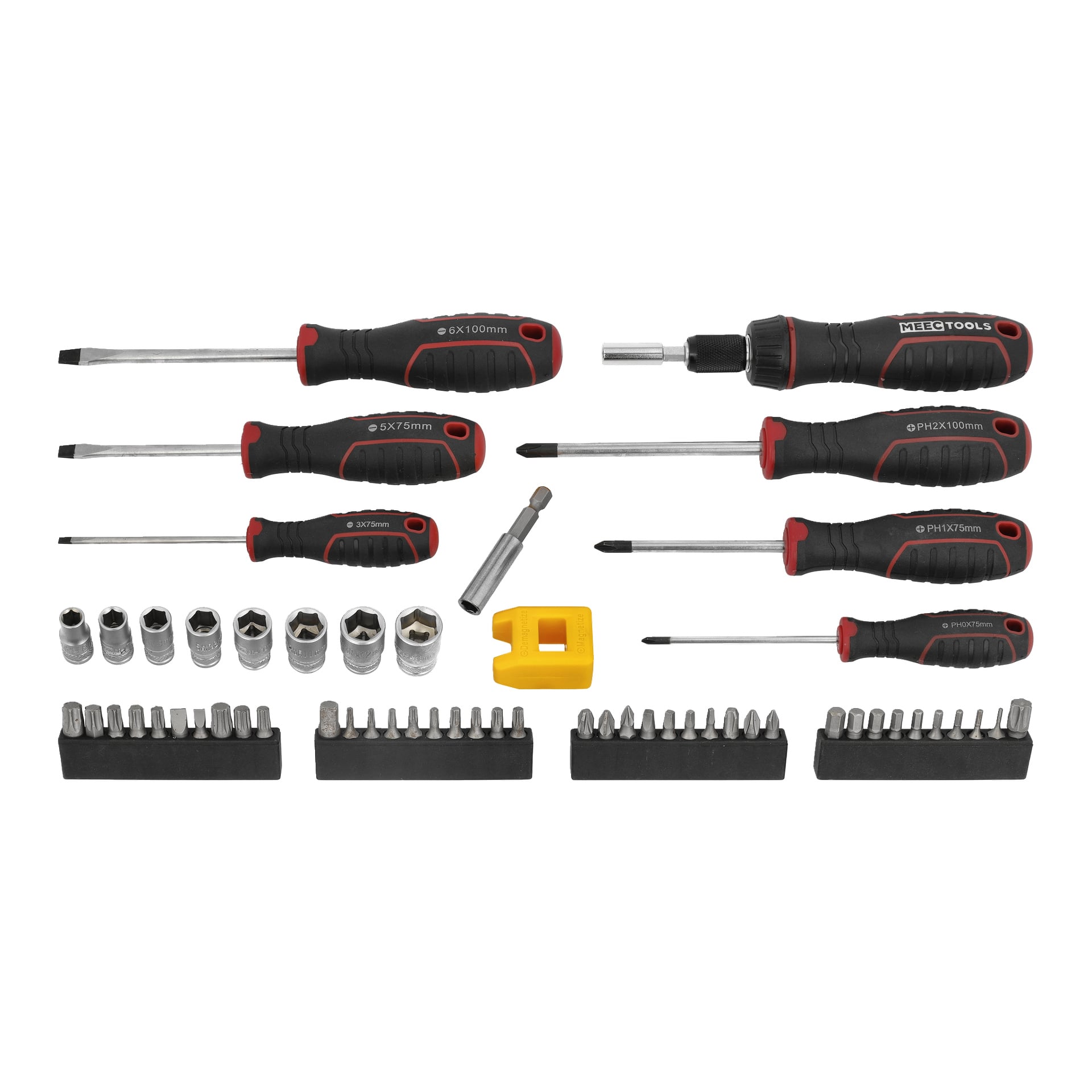 Meec Tools 57-delade skruvmejsel och bitsset inkluderar skruvmejslar, hylsor och bits med svart-röda handtag i en gul hållare.
