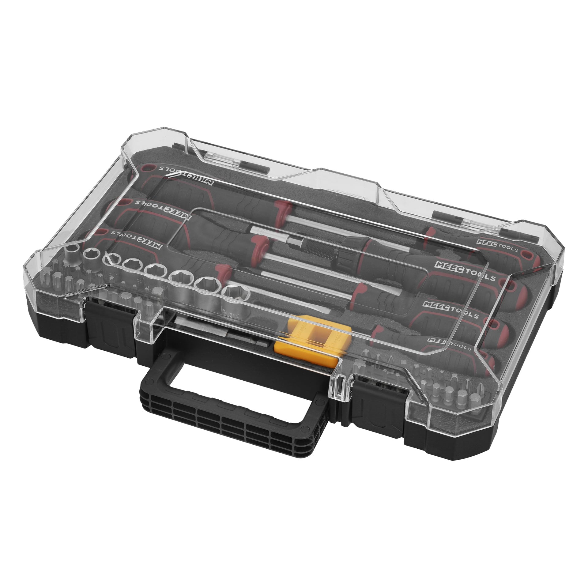 Ett 57-delat Meec Tools i ett genomskinligt fodral med märkta spår, inklusive skruvmejslar, hyllor, måttband; röda och svarta handtag.