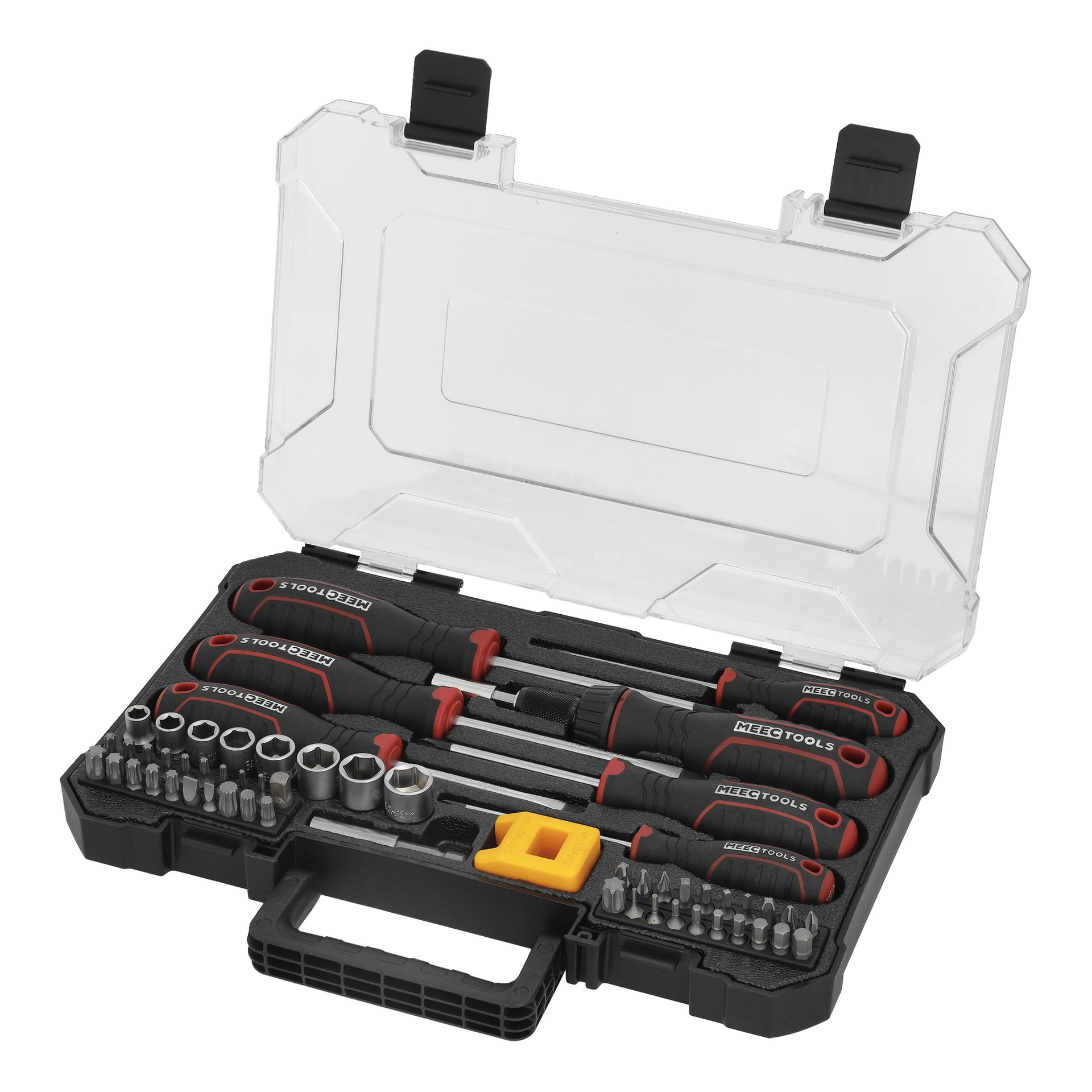 Meec Tools 57-delade skruvmejsel och borr placerades i ett plastfodral med genomskinligt lock, verktygen prydligt arrangerade i individuella spår.