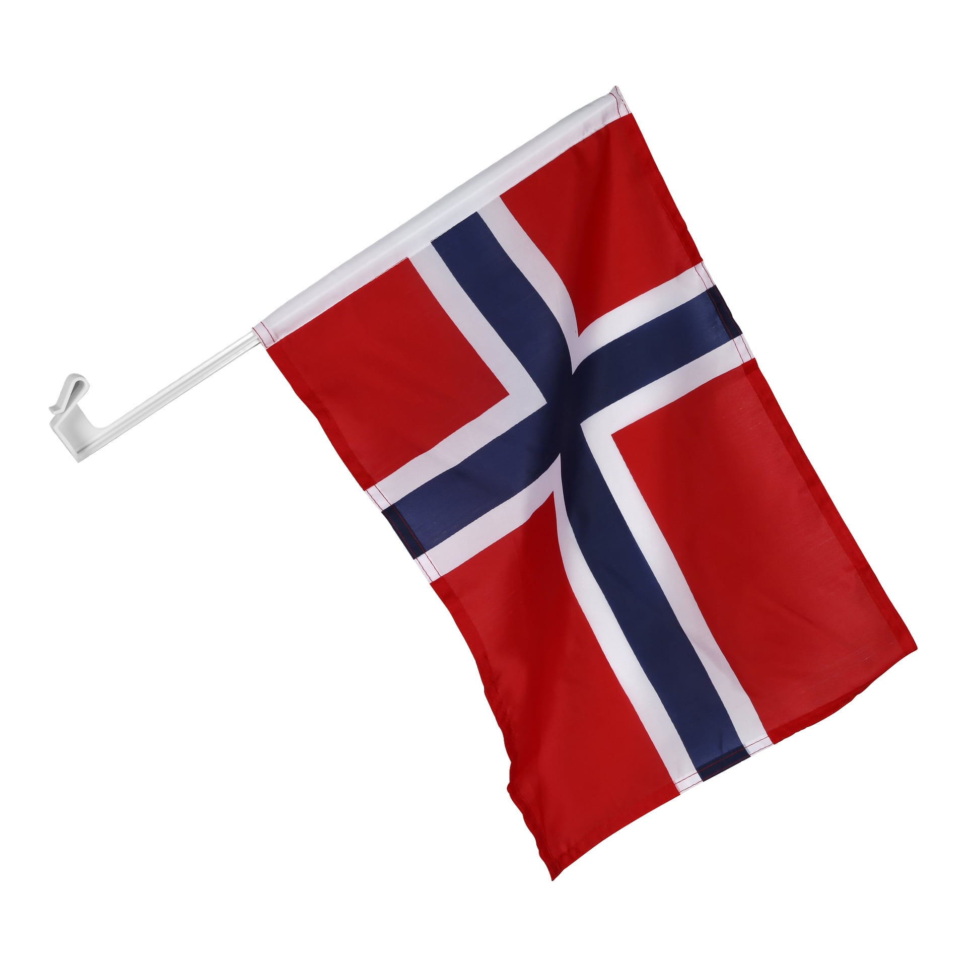 Hamron bilflagg med rød bakgrunn, blått kors med hvit kant, montert på en hvit stang.