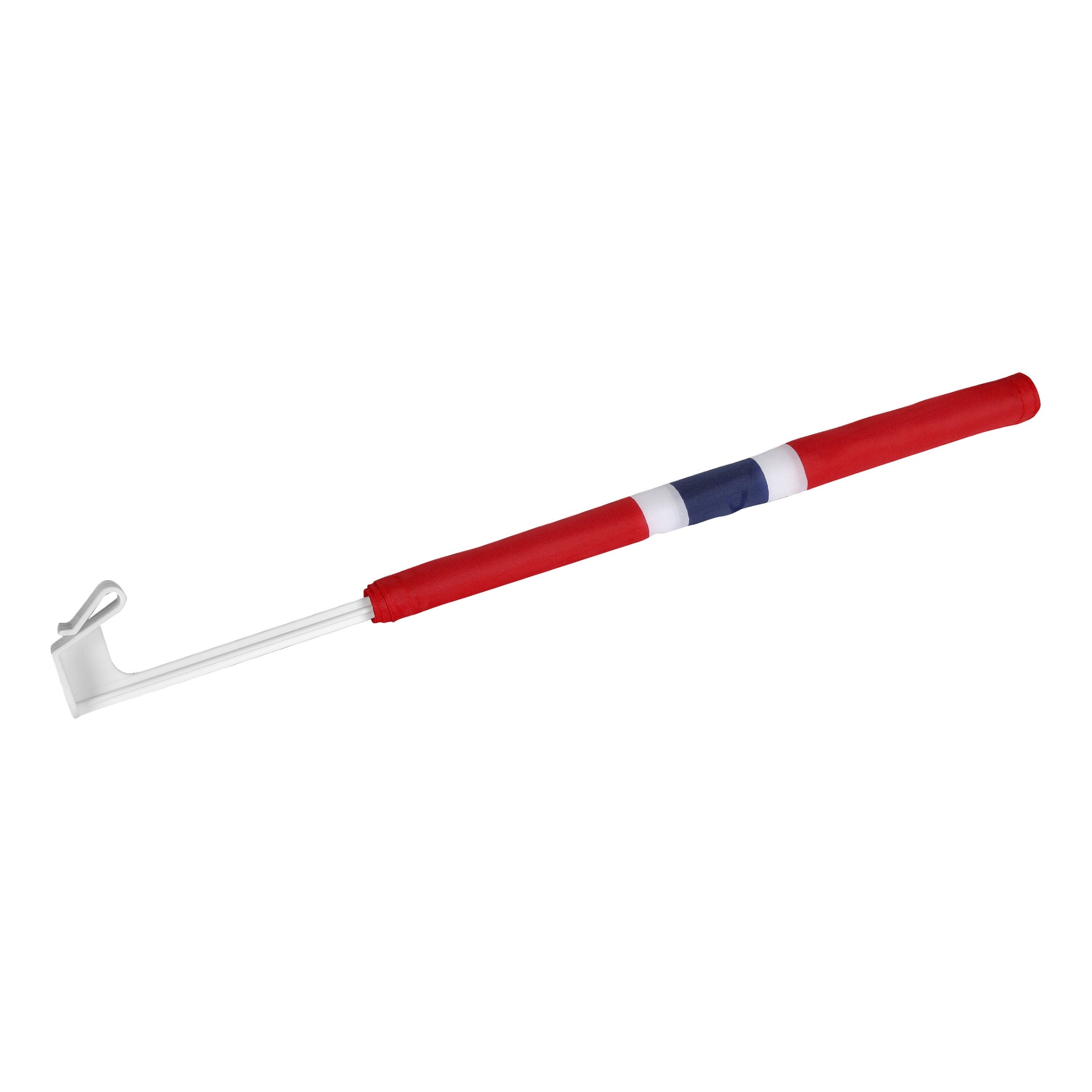 Et rødt bilflagg med en hvit metallstang og krokete ende, med en hvit og en blå stripe nær midten.