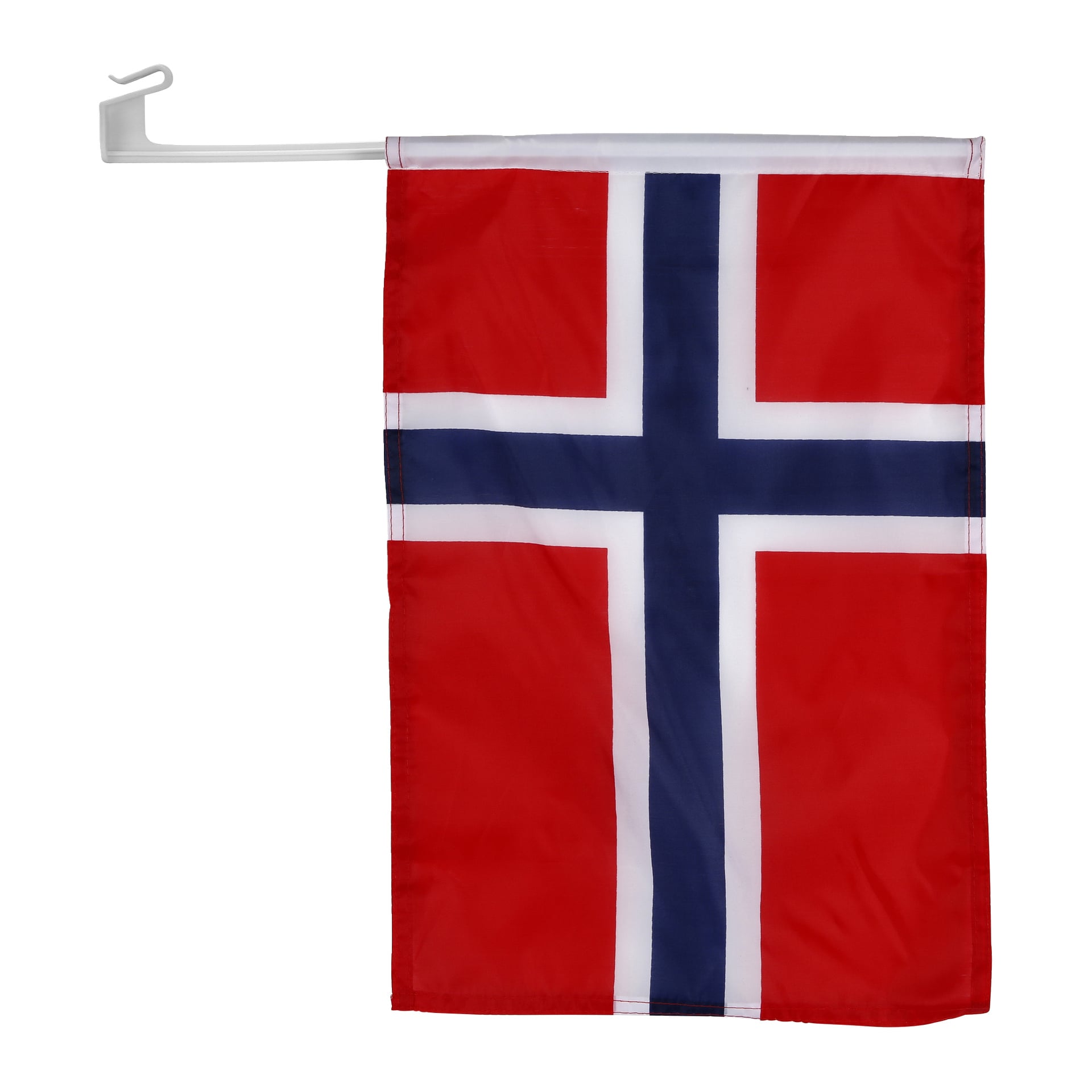Et rektangulært rødt flagg med et blått kors innrammet i hvitt er festet til en hvit plaststang med en krok til opphengning.