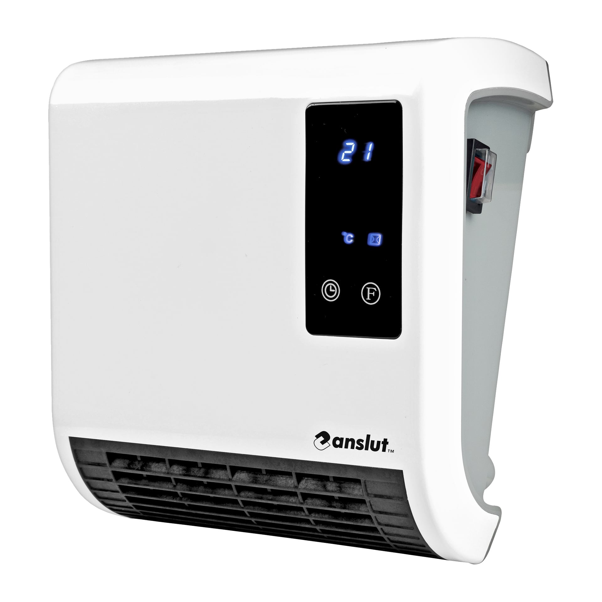Anslut Badezimmerheizung mit einem digitalen Frontpanel, das 21°C anzeigt, Steuertasten, Anzeigen und Anslut-Branding an der Basis.