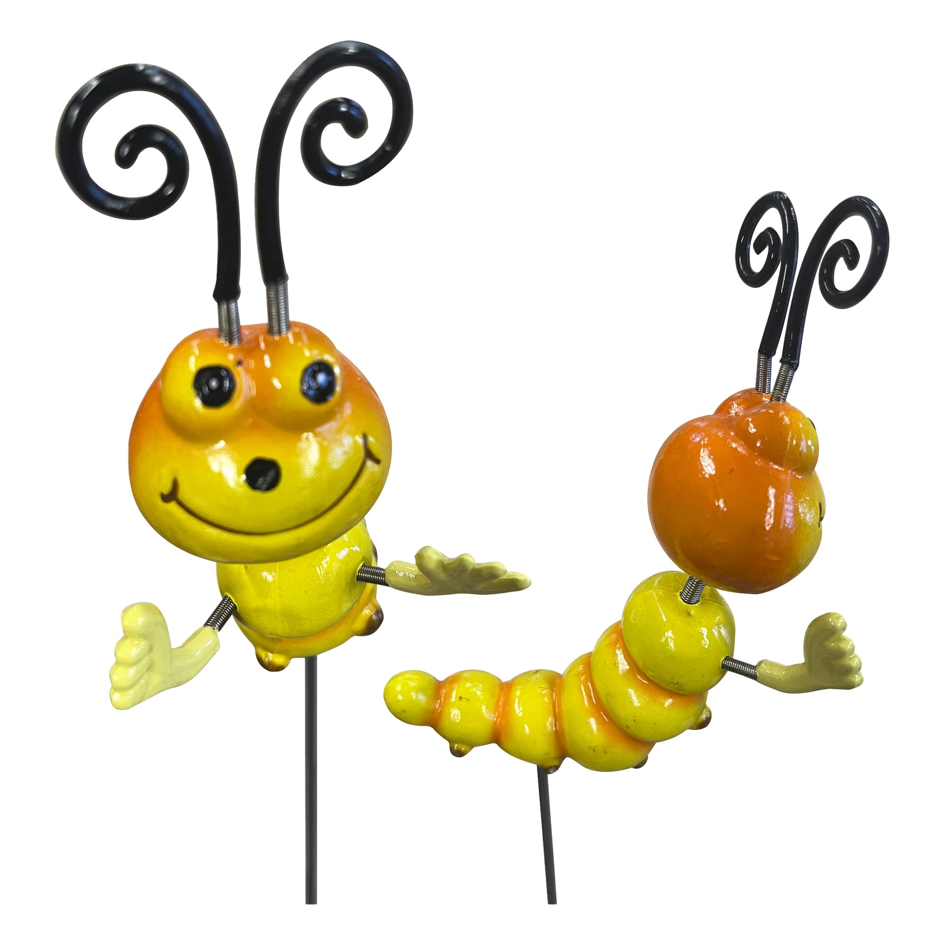 Dwie figlarne żółto-pomarańczowe figurki owadów z spiralnymi czułkami na metalowych palikach, jedna skierowana do przodu, druga na bok.