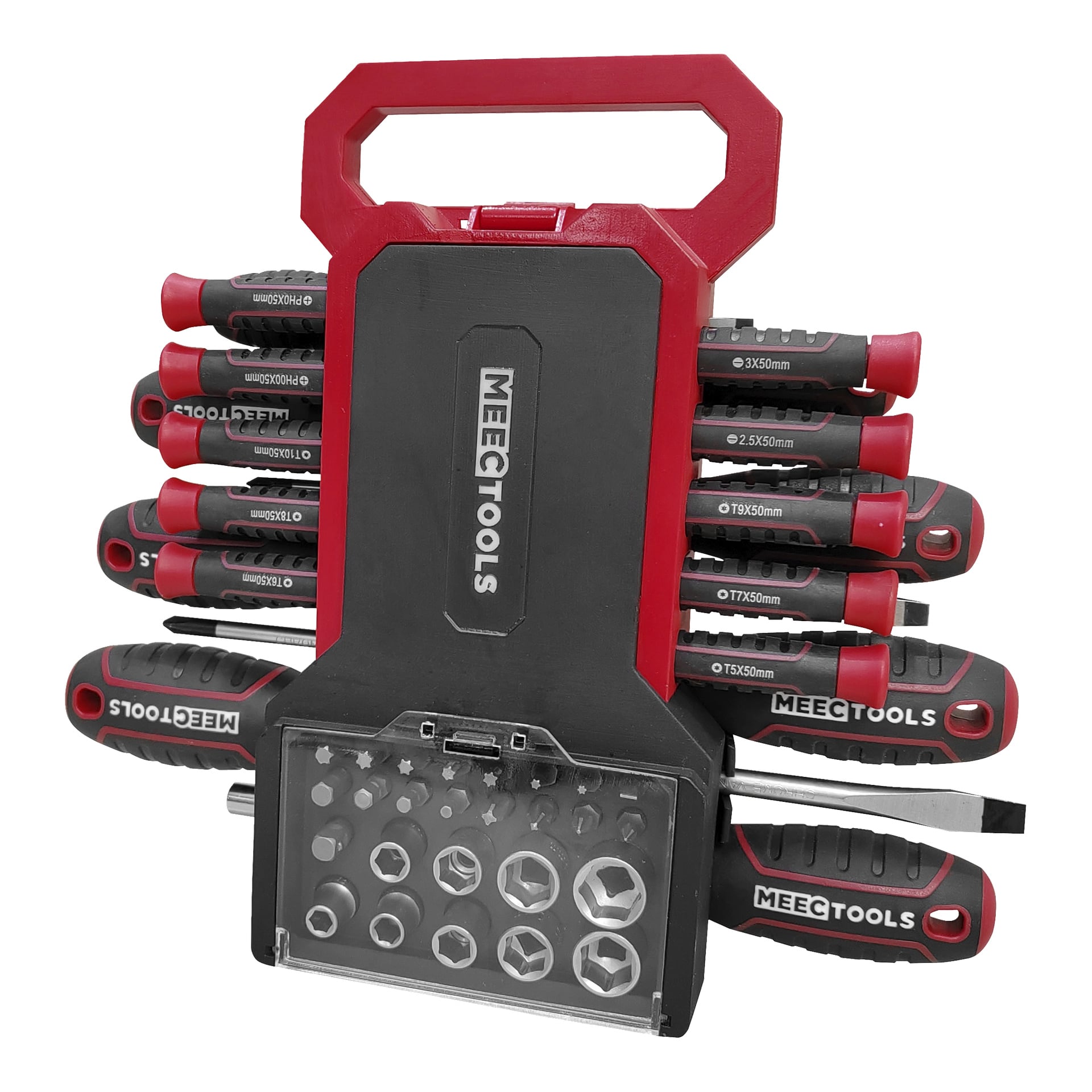 Ett Meec Tools-set med 44 delar och ett rött-svart handtag, åtta sidoskruvmejslare och en klar bas för hylsor och bitar.