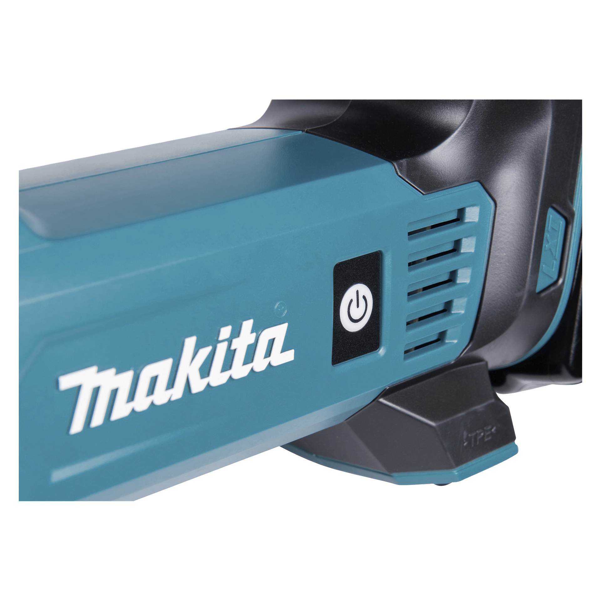 Zbliżenie niebieskiego narzędzia Makita DMP180 z logo Makity, czarnym przyciskiem z białą ikoną oraz częścią jego wylotu i uchwytu.