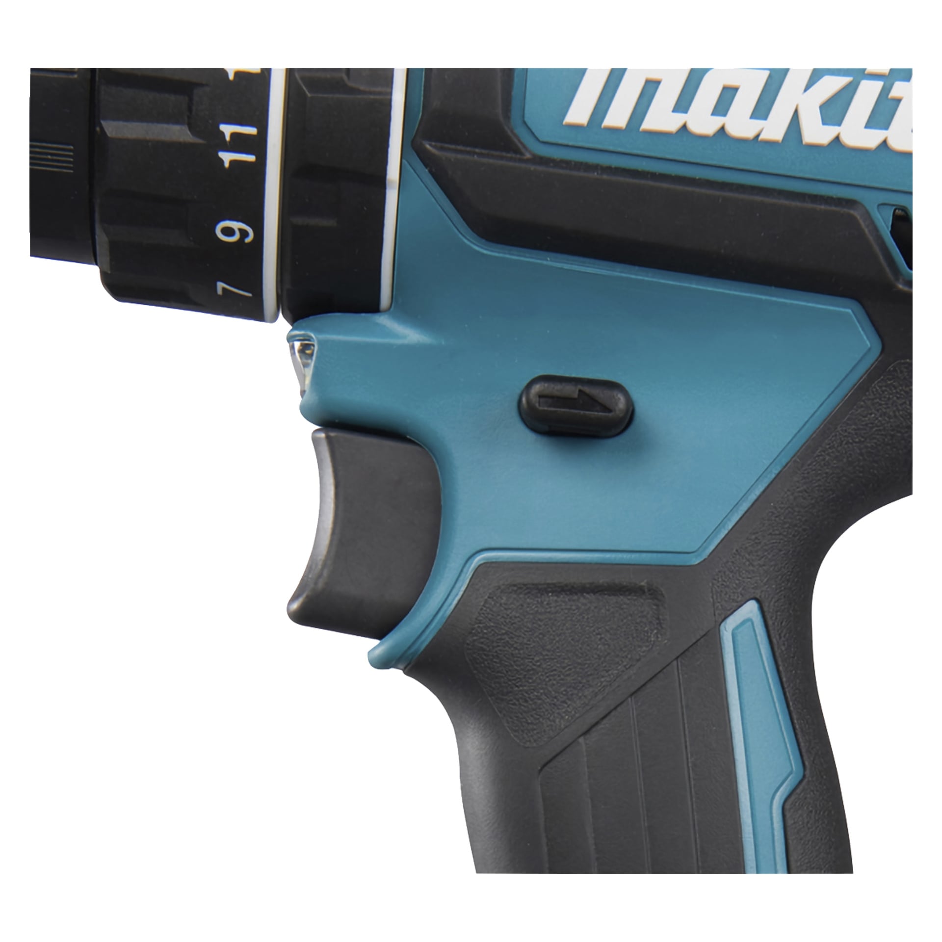 Uchwyt wiertarki Makita DHP485 w kolorze niebiesko-czarnym, z wyświetlaczem spustu, uchwytu, tarczy obrotowej z cyframi oraz logo Makita w prawym górnym rogu.