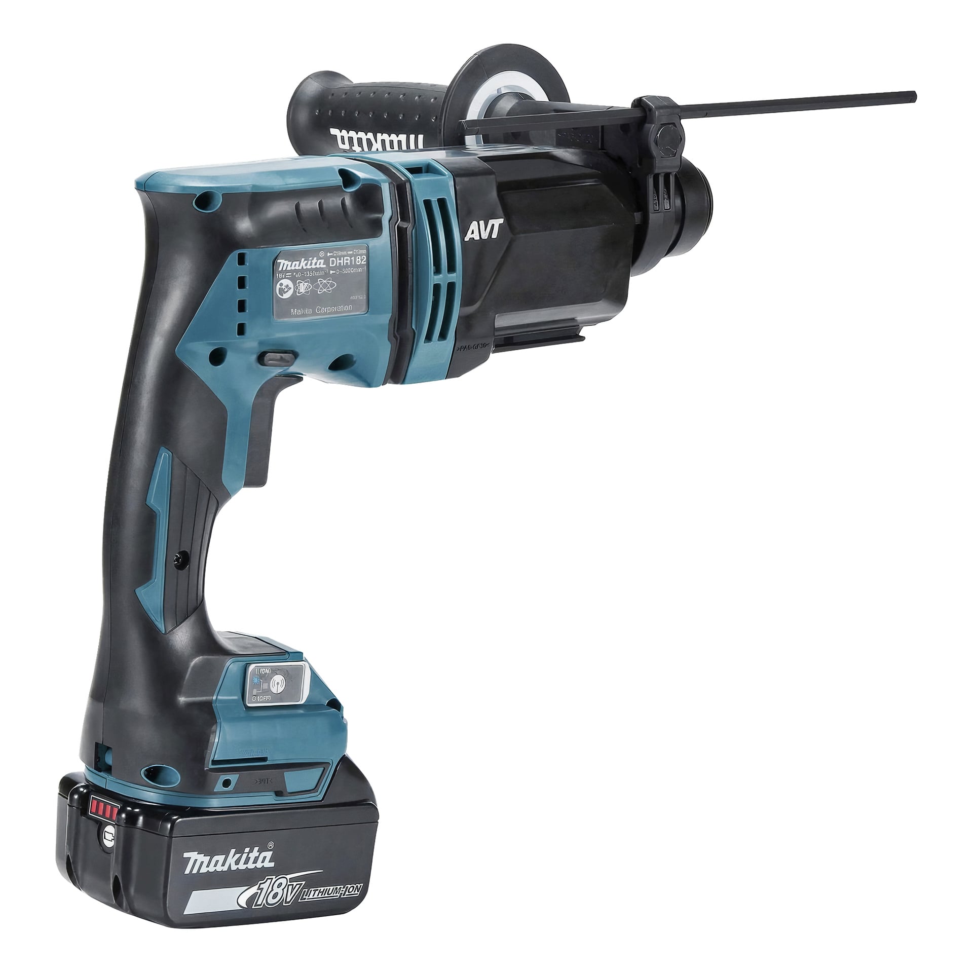 Makita HR182 bezprzewodowa piła tłokowa 18V z czarnym i turkusowym wzorem, baterią bazową, przednim ostrzem i górną rękojeścią pomocniczą.