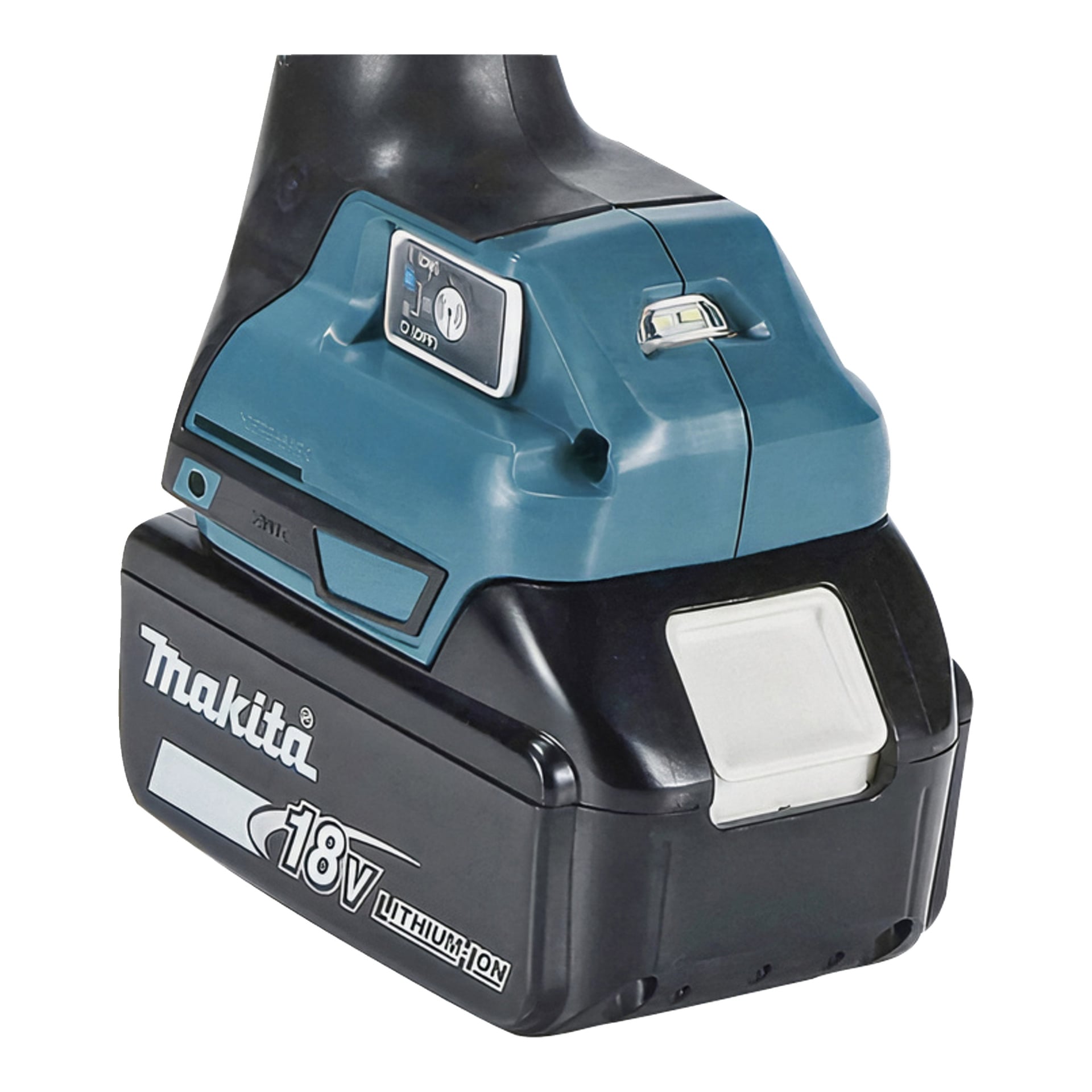 Niebiesko-podstawa elektronarzędzi Makita HR182 z baterią litowo-jonową 18V, przełącznikiem zasilania i wskaźnikiem poziomu.