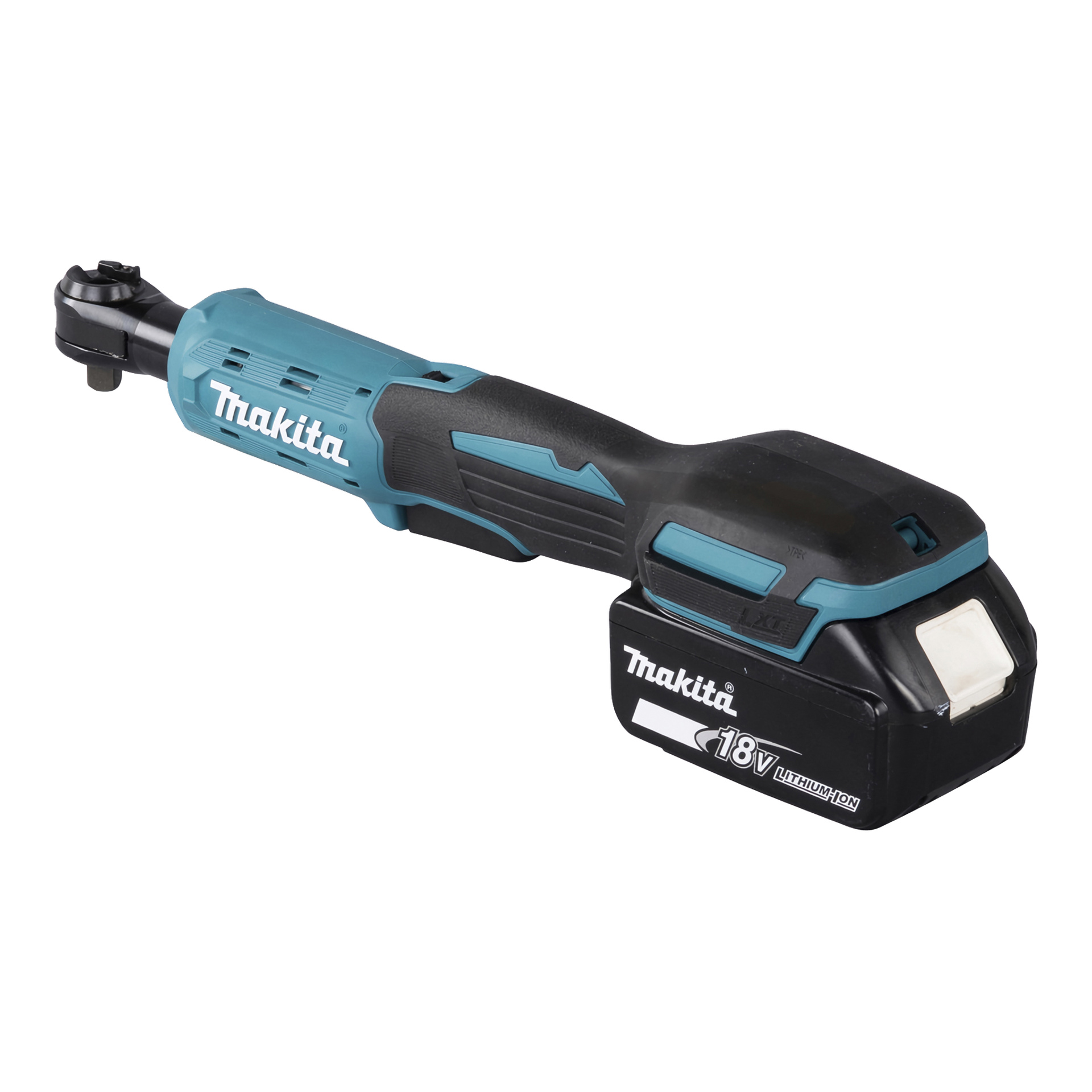 Bezprzewodowy klucz grzechotkowy Makita DWR180 ma czarno-turkusowy design, baterię 18V u podstawy oraz widoczne logo Makita.