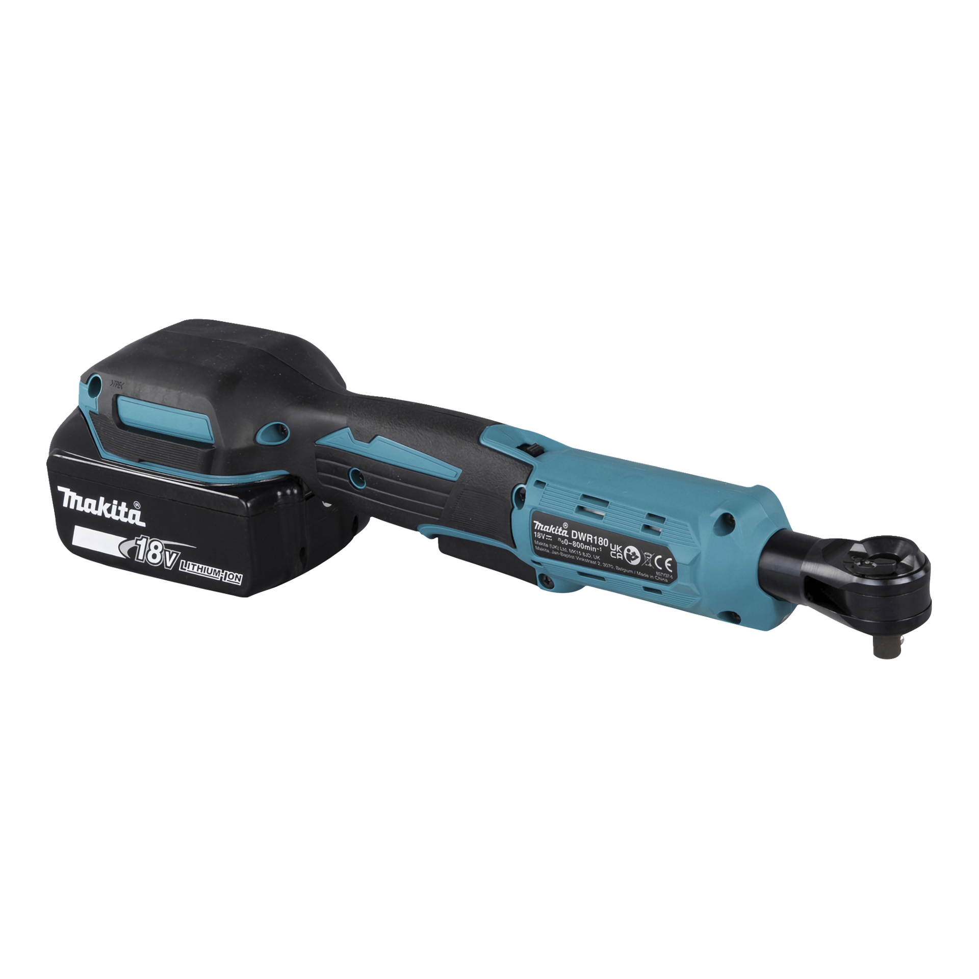 Niebiesko-klucz grzechotka-Makita DWR180 18V 18V jest przedstawiony z boku do przodu, z jego akumulatorem i oznaczeniem Makita.