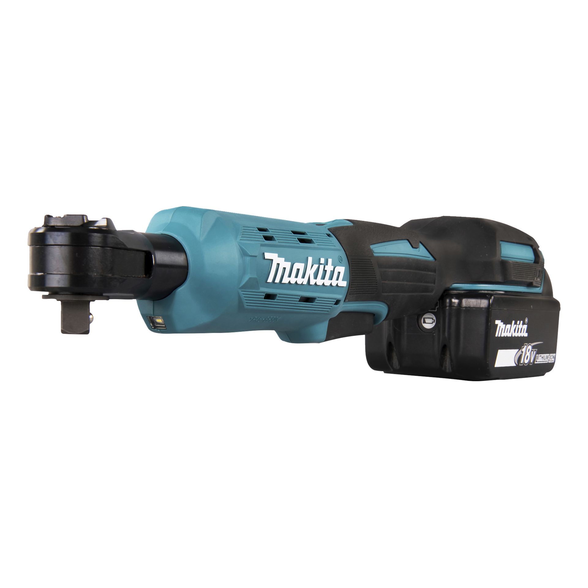 Bezprzewodowy klucz grzechowy Makita DWR180 ma niebiesko-czarną konstrukcję, logo Makita, czarną baterię oraz metalowy napęd gniazdowy.