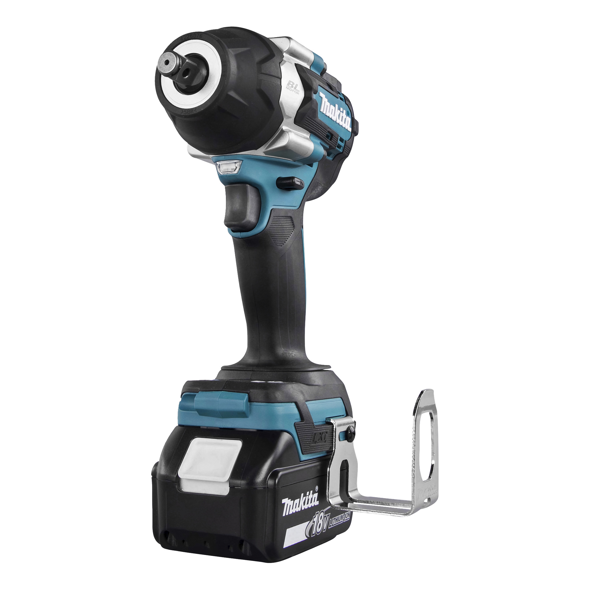 Makita DTW700 18V bezprzewodowy bezszczotkowy wkręt udarowy LXT stojący pionowo, wyposażony w czarno-niebieskie korpus, spust i metalowy klips do pasa.