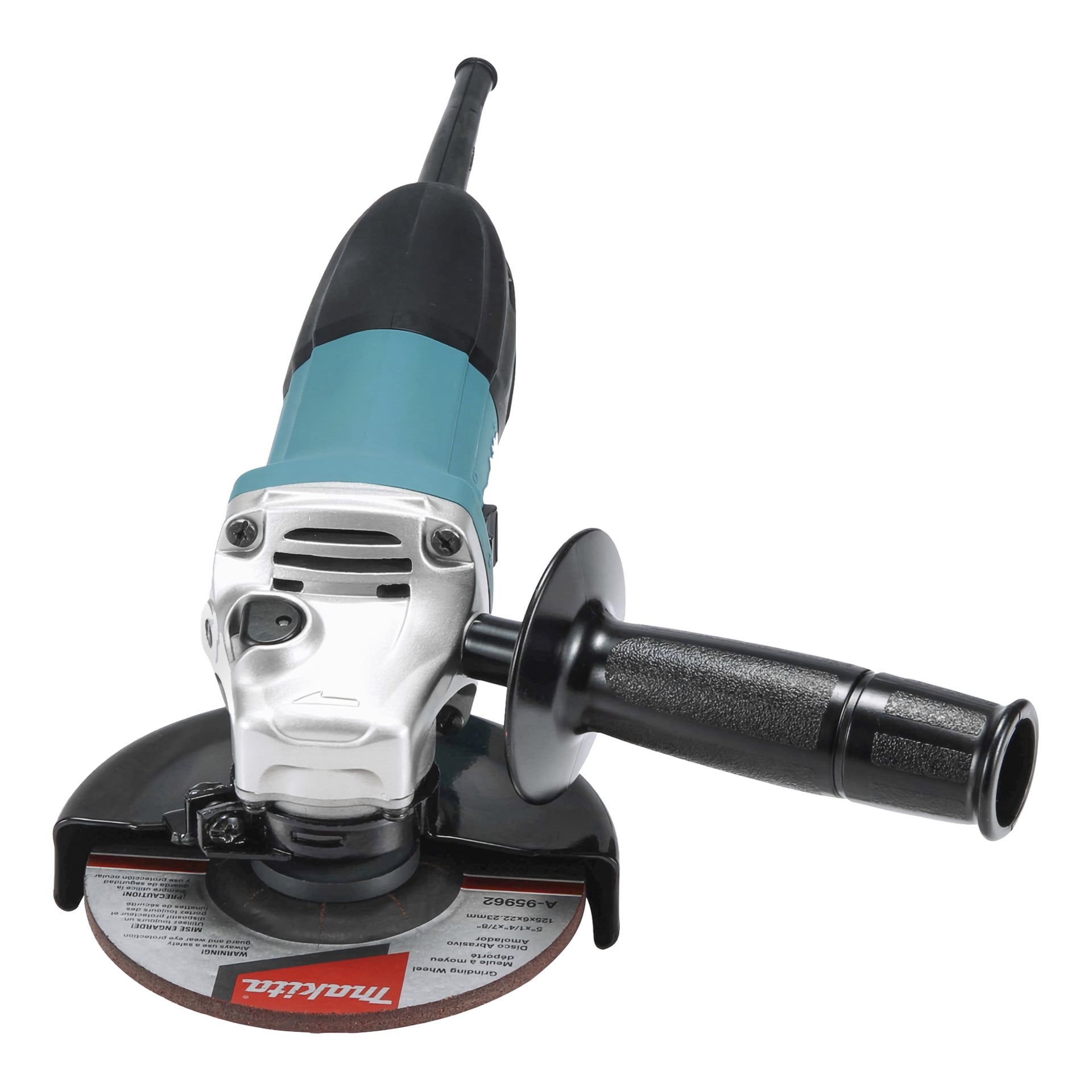 Makita GA5030R ręczną szlifierkę kątową z niebiesko-srebrnym korpusem, czarną boczną rączką i okrągłym tarczem szlifierskim marki Makita.