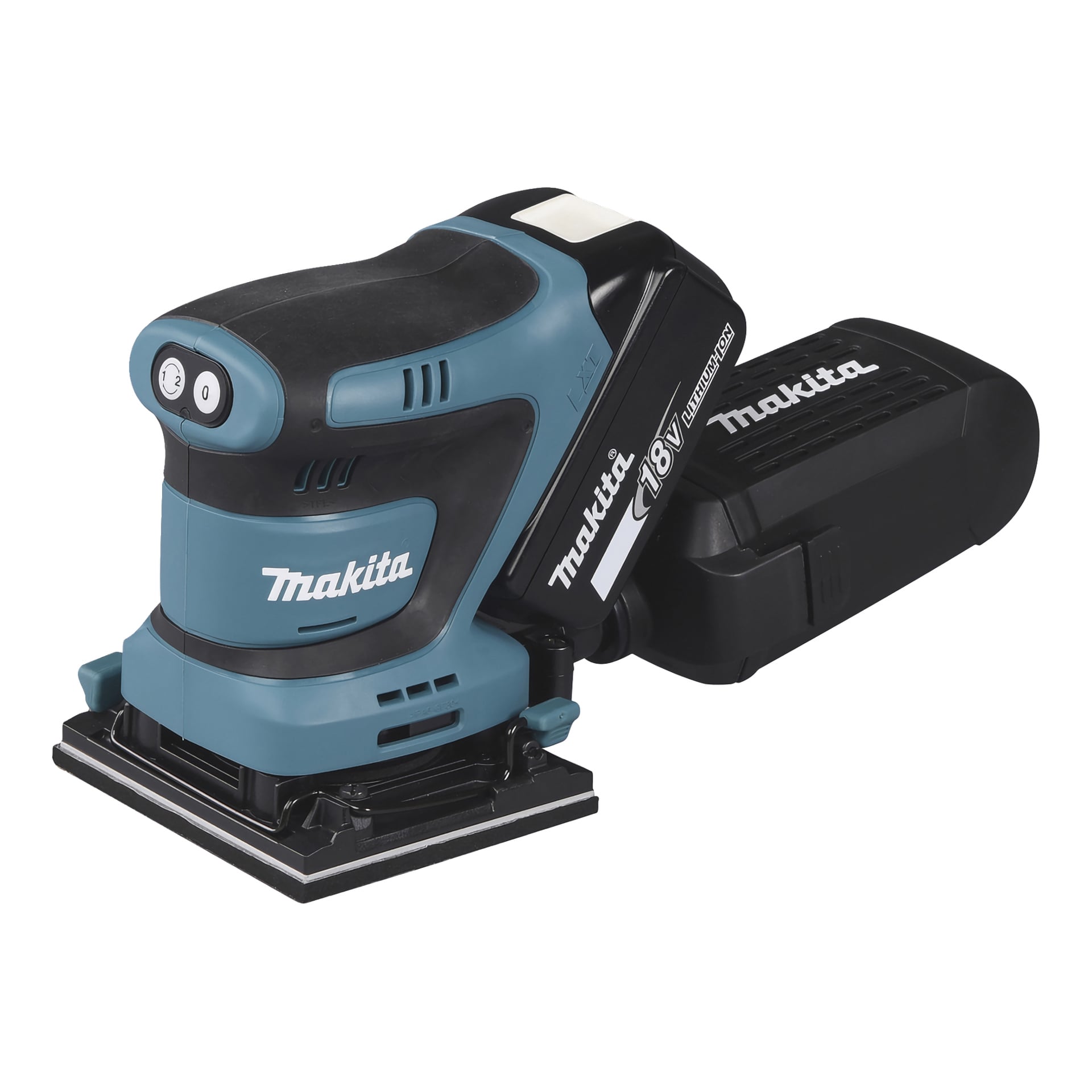 Makita DBO480 to niebiesko-szlifierka 18V z wykończeniem 18V, wyposażona w prostokątną klockę i tylny woreczek przeciwkurzowy.