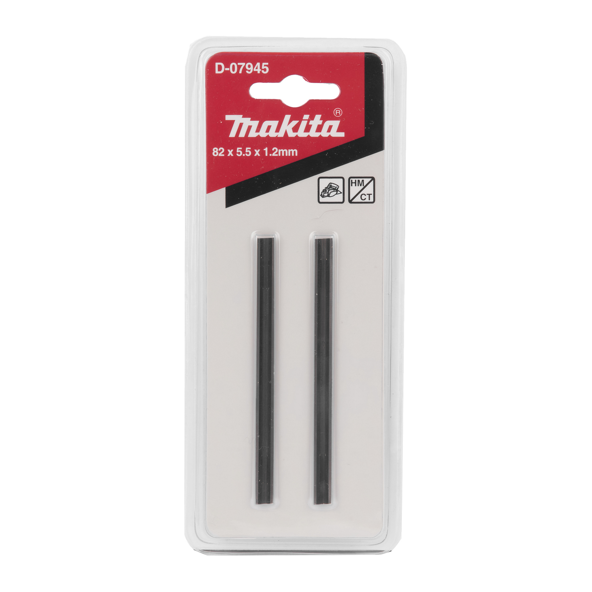 Dwa zamienne łopatki Makita D-07945 (82 x 5,5 x 1,2 mm) w przezroczystym plastikowym opakowaniu z czerwono-białą etykietą.