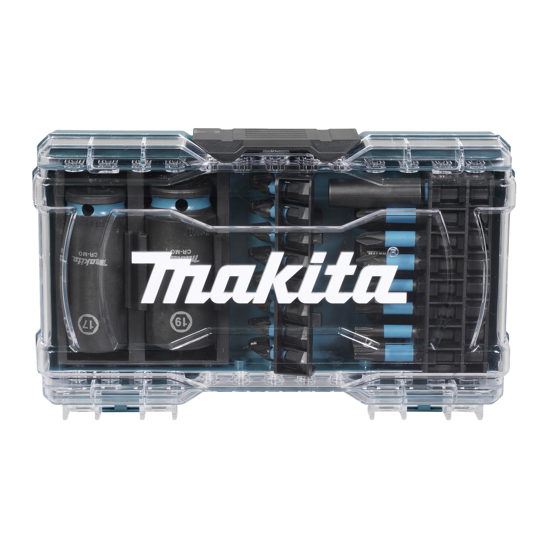 Przezroczysta plastikowa obudowa Makita E-22903 z logo Makita na pokrywie, w środku mieści różne wiertła i śruby wkrętające.
