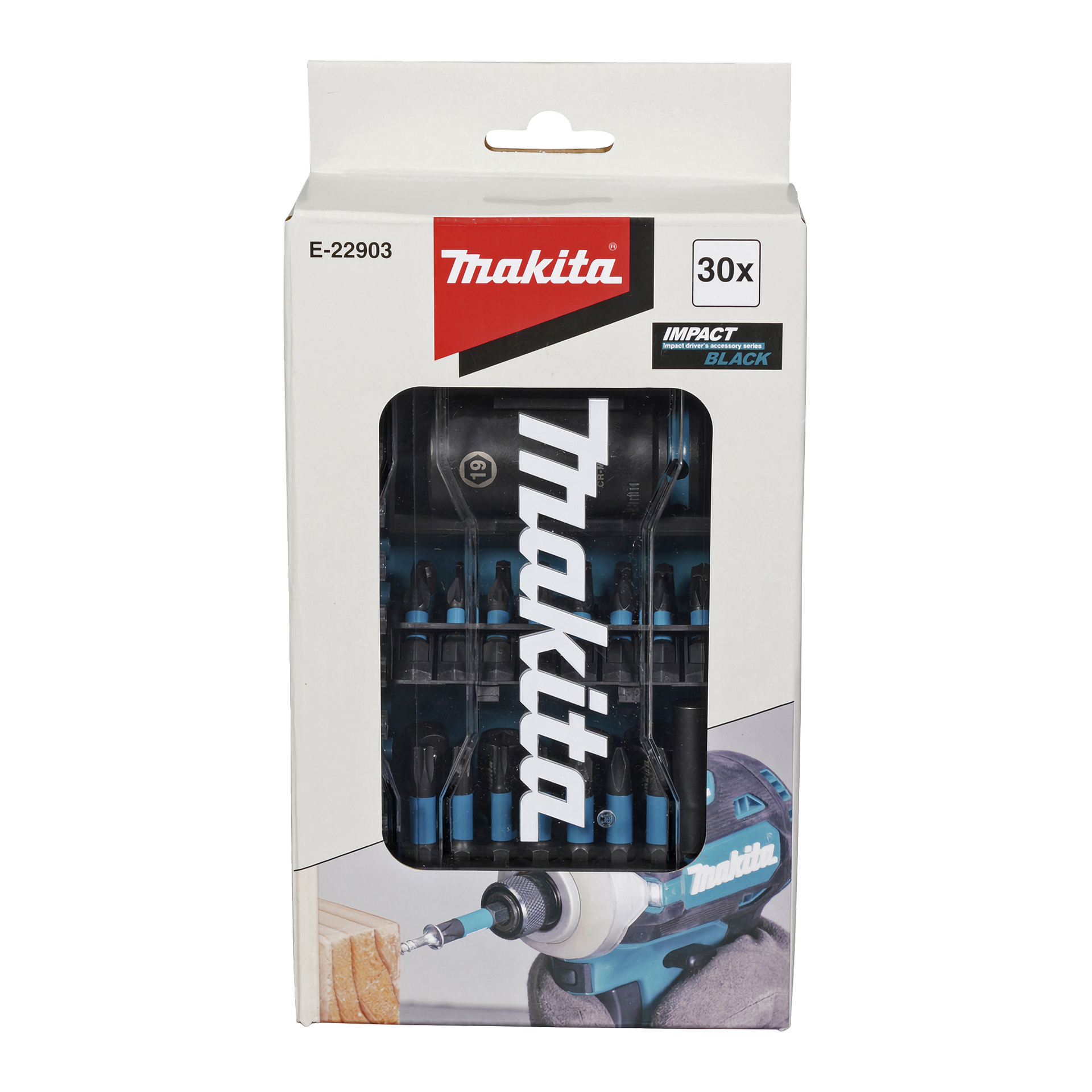 Makita E-22903 30-częściowy wiertło uderzeniowe osadzone w czarno-białym pudełku z przezroczystym oknem; Marka Makita wyraźnie widoczna.