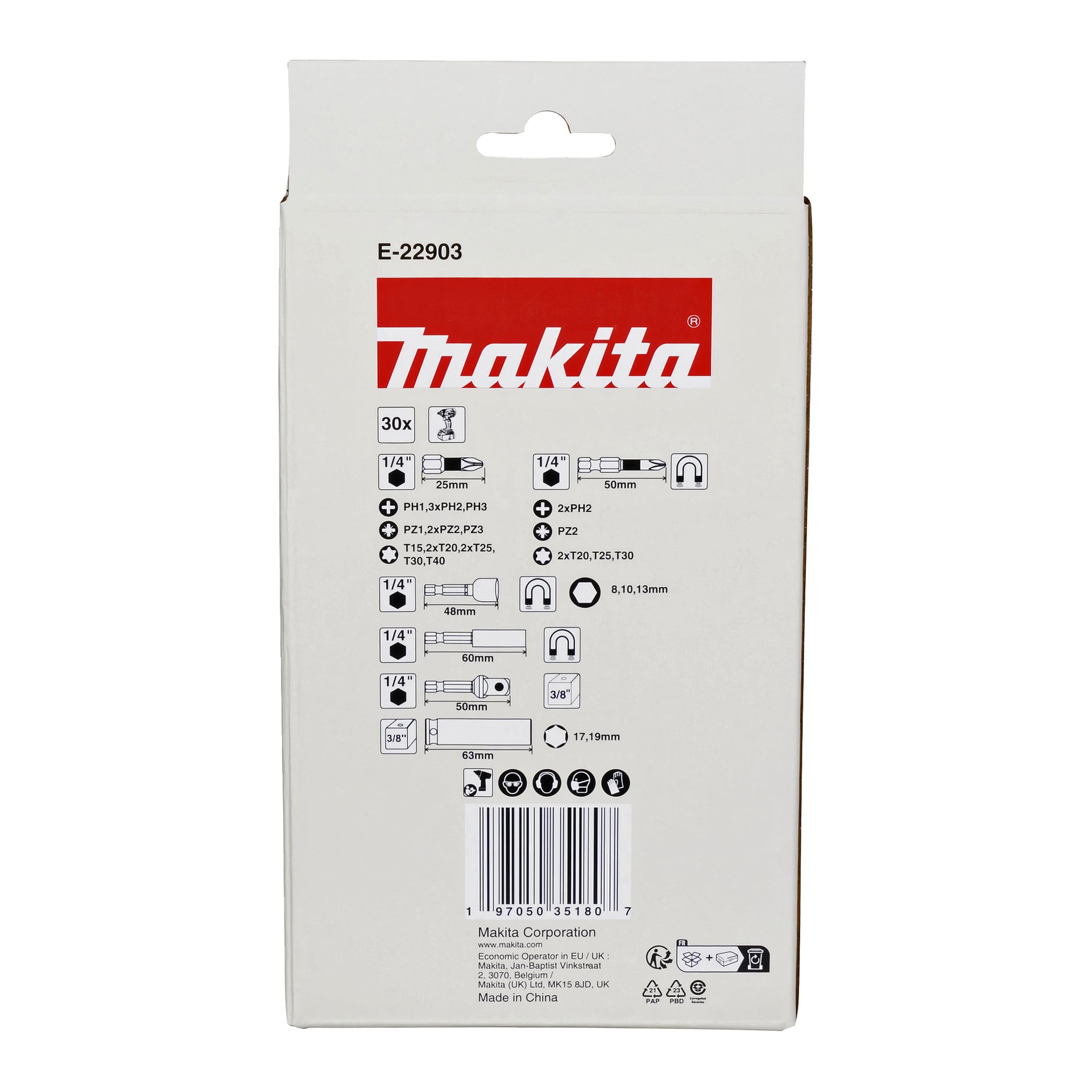Na odwrocie opakowania Makita E-22903 znajduje się logo, numer części, ikony narzędzi, specyfikacje, kod kreskowy oraz informacje o produkcie.