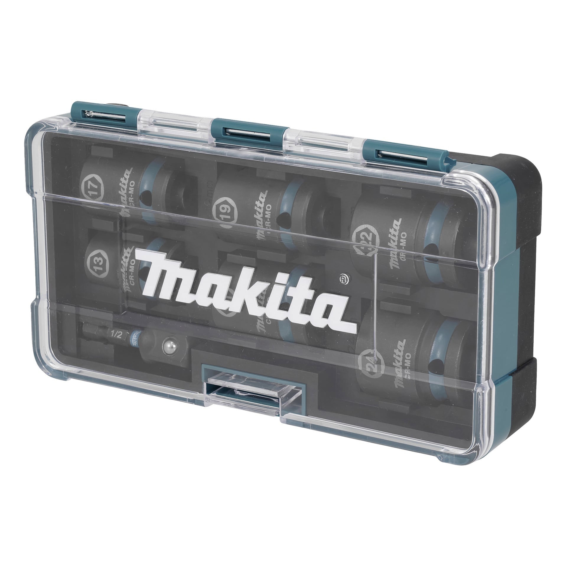 Przezroczysta plastikowa obudowa Makita E-16592 z niebieskimi i czarnymi akcentami przedstawia uporządkowane, oznaczone nasadki uderzeniowe oraz widoczne logo.
