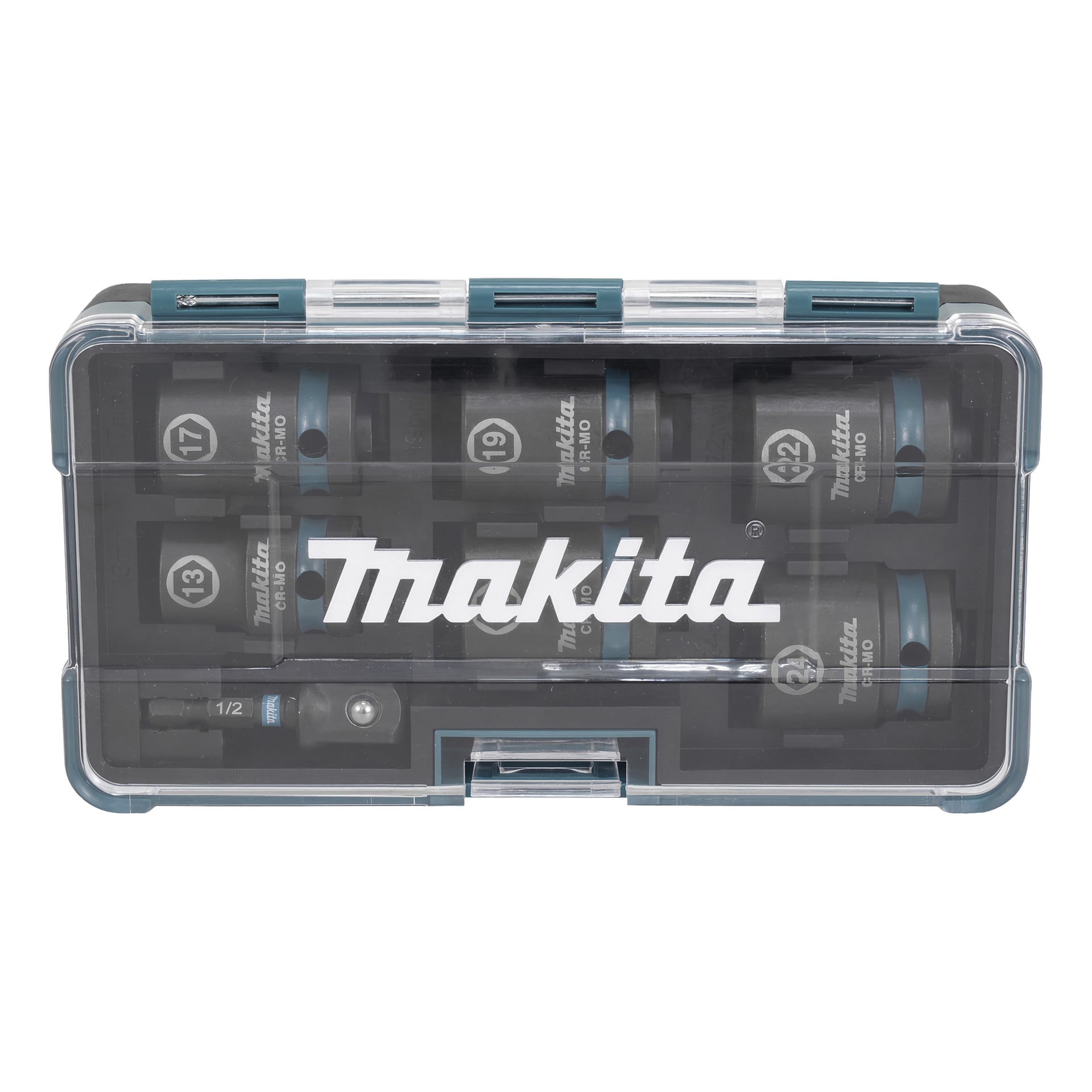 Plastikowa obudowa Makita E-16592 z ośmioma czarnymi gniazdami uderzeniowymi w różnych rozmiarach oraz adapterem 1/2", wszystko starannie zamocowane i oznaczone.