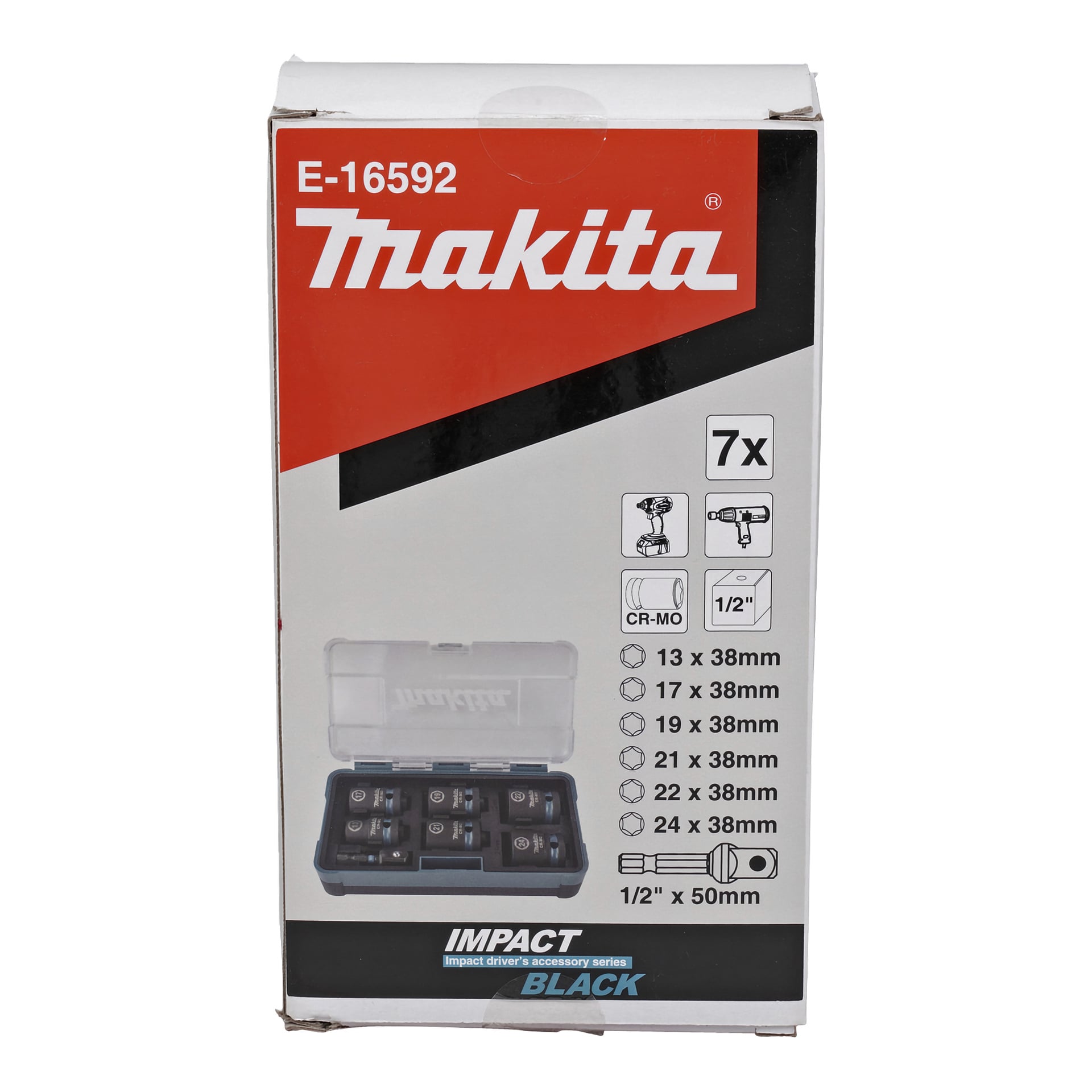Makita E-16592 7-częściowy zestaw nasadek udarowych w czarnej obudowie, z rozmiarami nasadek i ikonami narzędzi na białym i czerwonym opakowaniu.