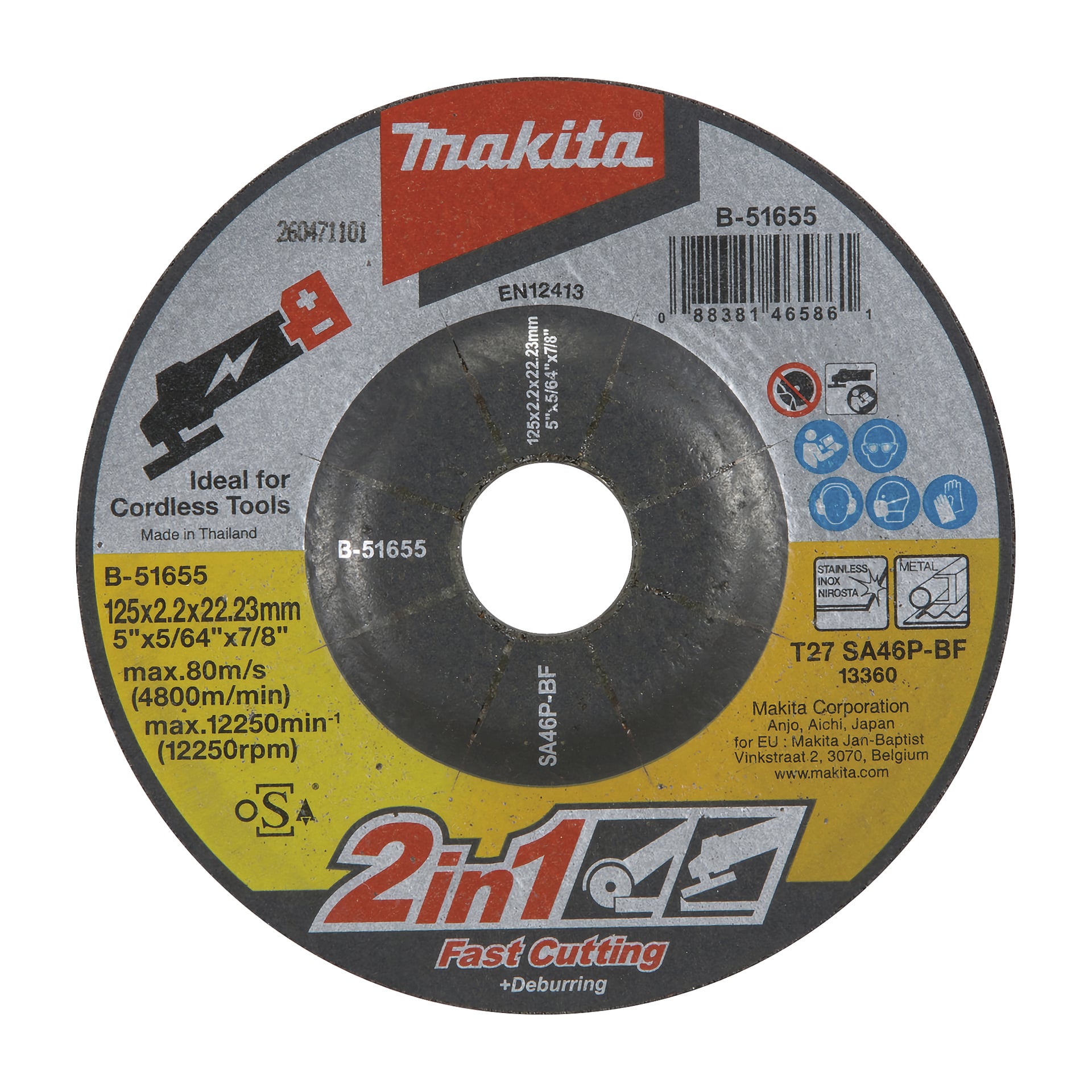 Dysk Makita B-51655, oznaczony jako 2 w 1 Fast Cutting & Deburring, 125x2,2x22,23mm, maksymalna prędkość 12 250 RPM, pokazywane ikony certyfikacyjne.
