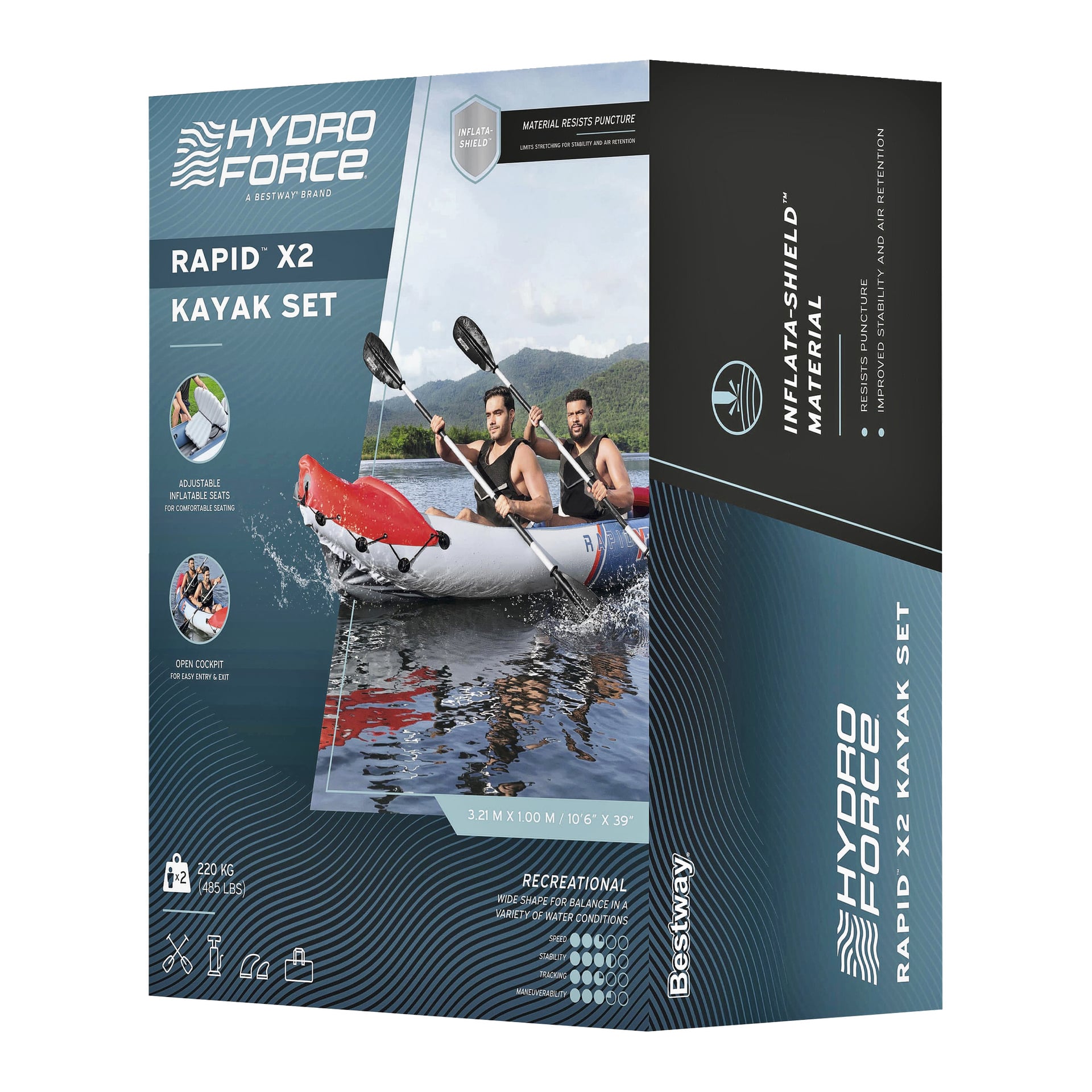 Förpackningen för Bestway Rapid X2 Inflatable Kayak for Two visar två personer som paddlar och lyfter fram produktfunktioner.