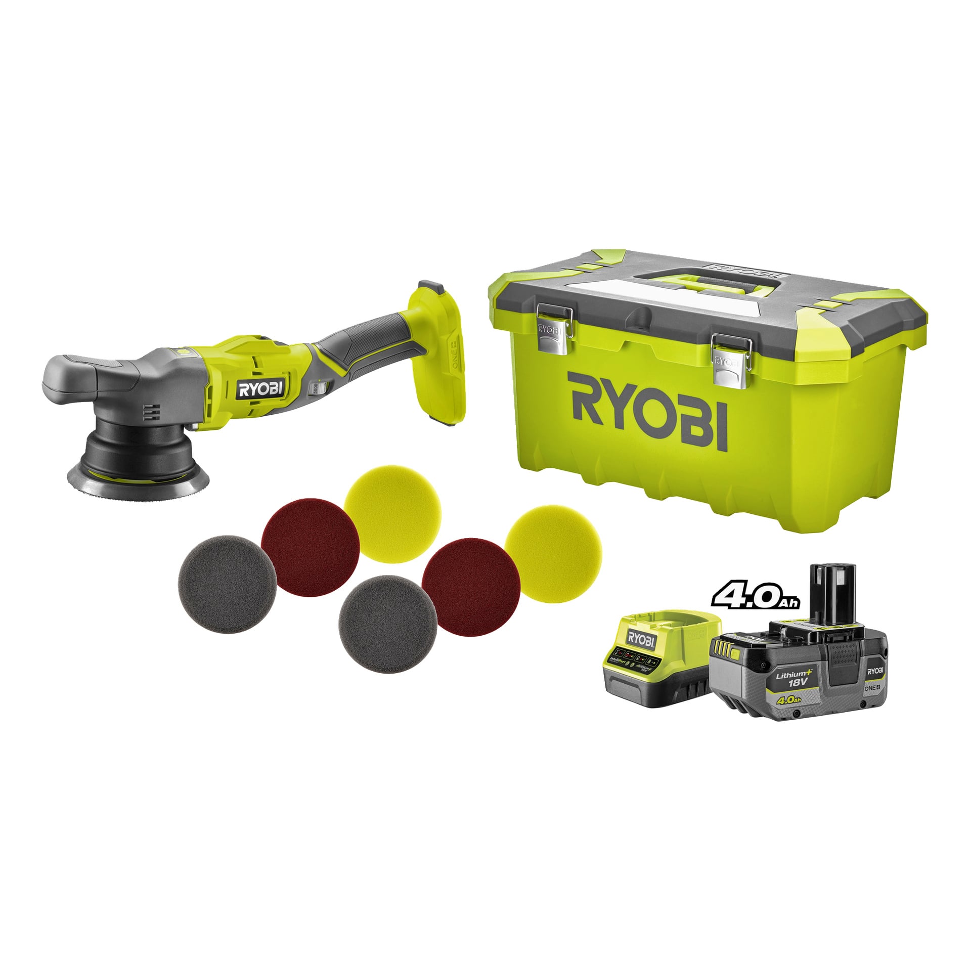 Ryobi One+ oscillerande poleringsmaskin R18P-140 med gulgrått fodral, fyra färgade pads, laddare och 4,0Ah 18V batteri.